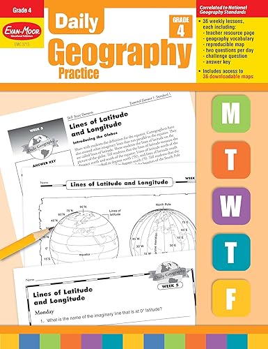 Evan-Moor Daily Geography Practice, Grade 4, Homeschooling and Classroom Resource Workbook, Reproducible Worksheets, Teaching Edition, Downloadable Maps, USA, World, Continents, Oceans, Countries