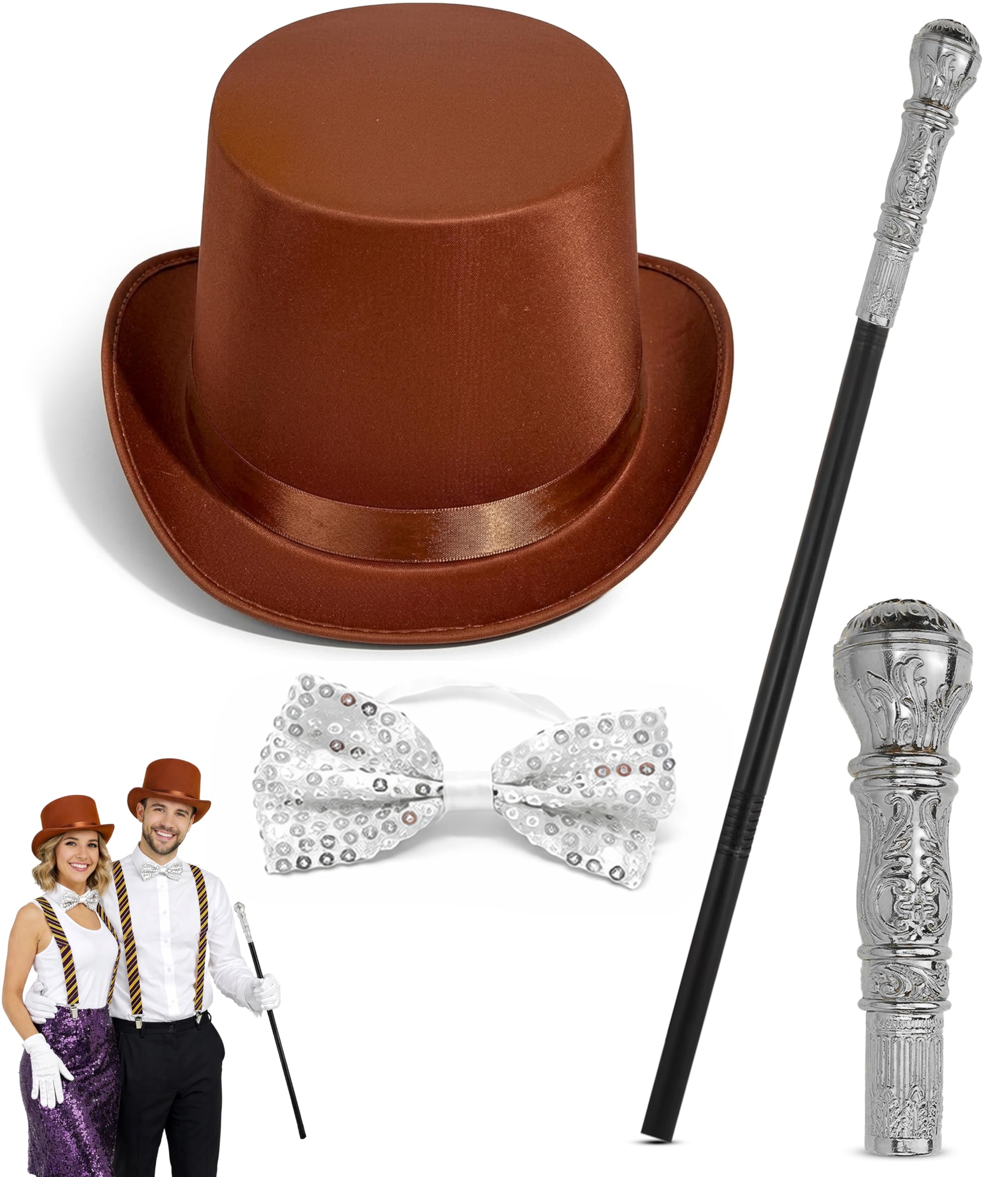 Mega_Jumble Adult Willy Wonka Costume Accessory Set Chocolate Factory Owner Fancy Dress Kit with Brown Top Hat, Gold Bow Tie & Cane | Halloween Cosplay, World Book Day & Movie Character (Silver Set)