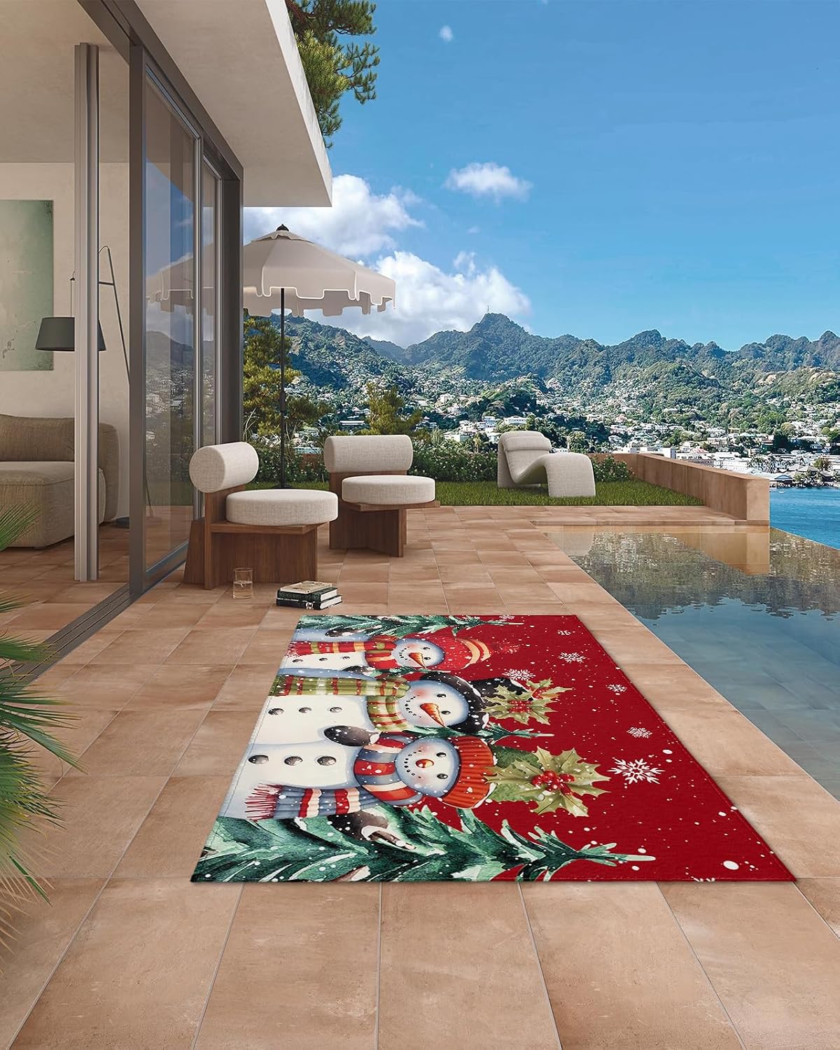 Outdoor Rug, Christmas Snowman Snowflake Holly Winter Scarf Red Background Absorbant Non-Slip Area Rugs Mat Carpet for Patio Balcony Porch Backyard Deck Rv Camping 4x6 ft