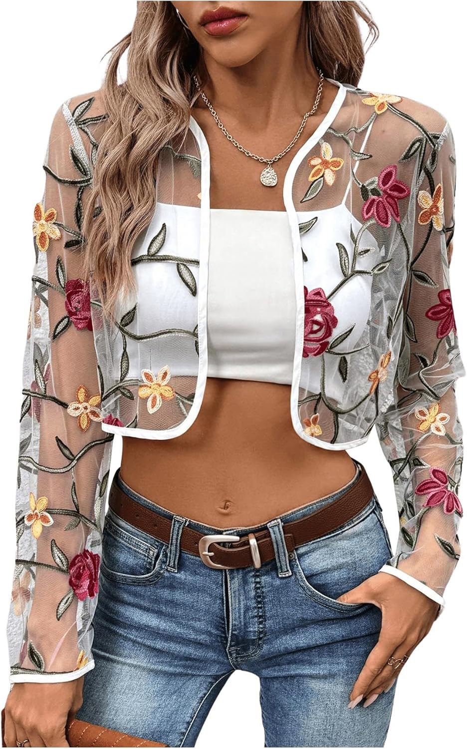 OYOANGLE Women's Floral Embroidered Open Front Crop Jackets Long Sleeve Mesh Summer Cardigan Tops for Evening Dress