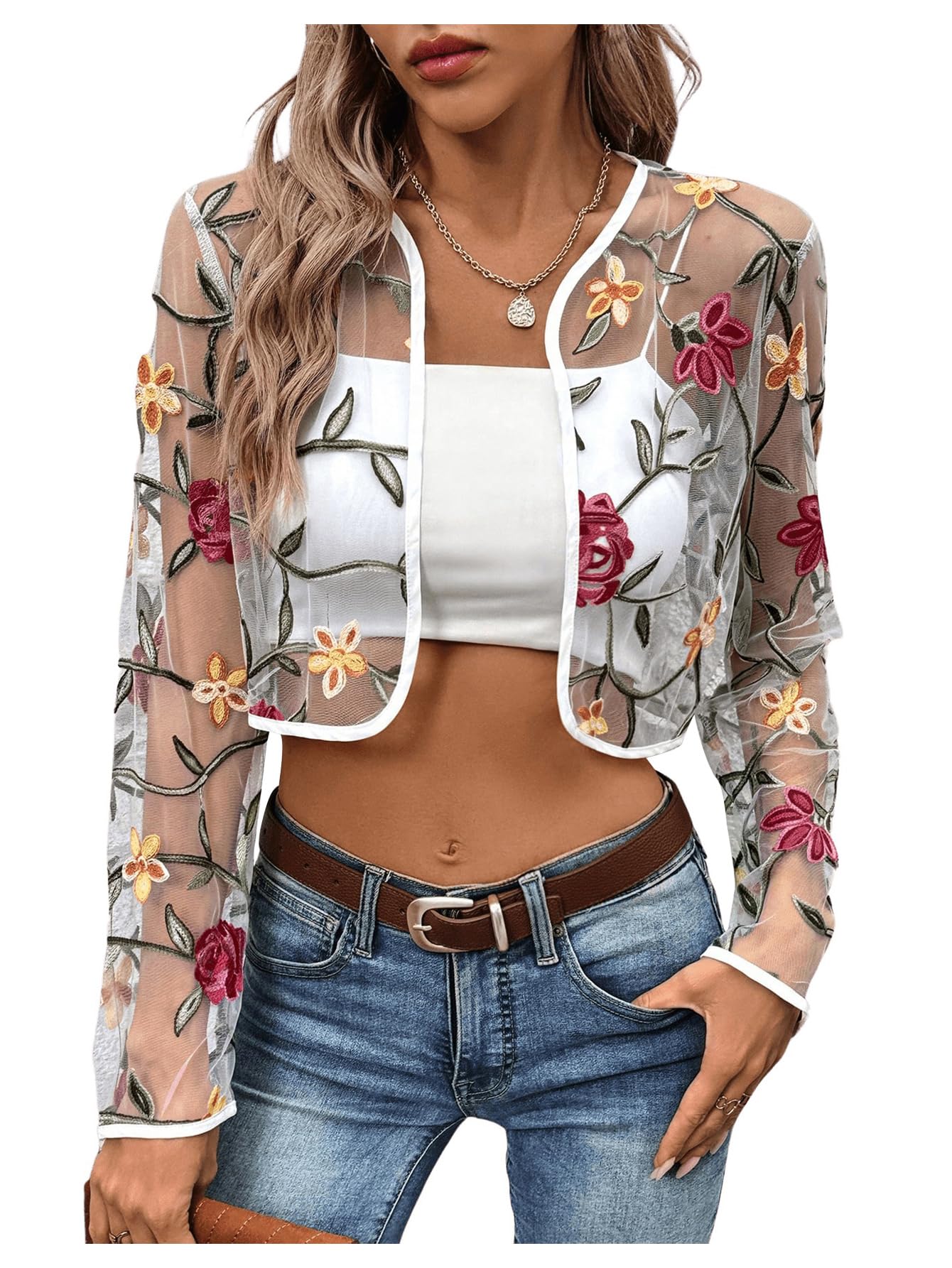 OYOANGLE Women's Floral Embroidered Sheer Bolero Open Front Crop Jackets