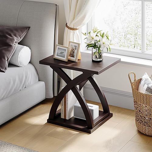Miniatura 8 de ChooChoo Juego de 2 mesas auxiliares modernas con estante de almacenamiento, mesa auxiliar X-Design para sala de estar (espresso)