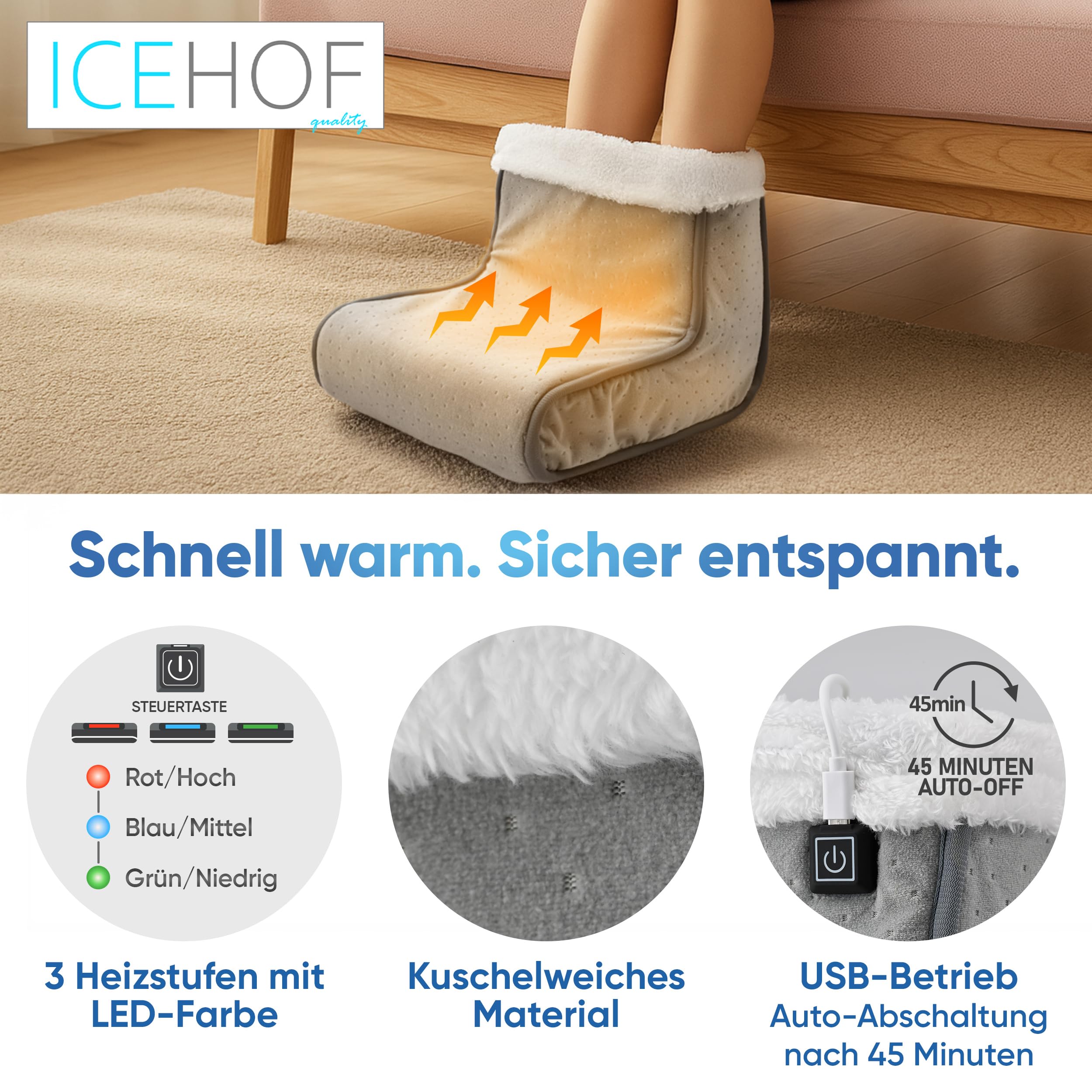 ICEHOF Fußwärmer elektrisch mit USB - 3 Heizstufen & Auto-Off - Kuschelweiches, waschbares Innenfutter - Fußheizung für Büro, Sofa & Homeoffice - Gegen kalte Füße, Damen & Herren