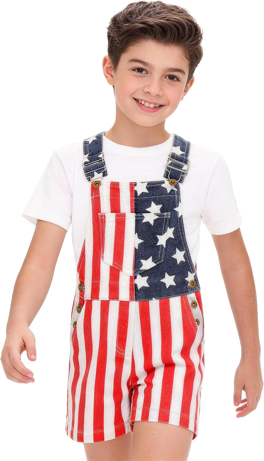 AOBUTE July 4th Denim Overalls for Kids American Flag Printed Jumpsuit 5-15 Years