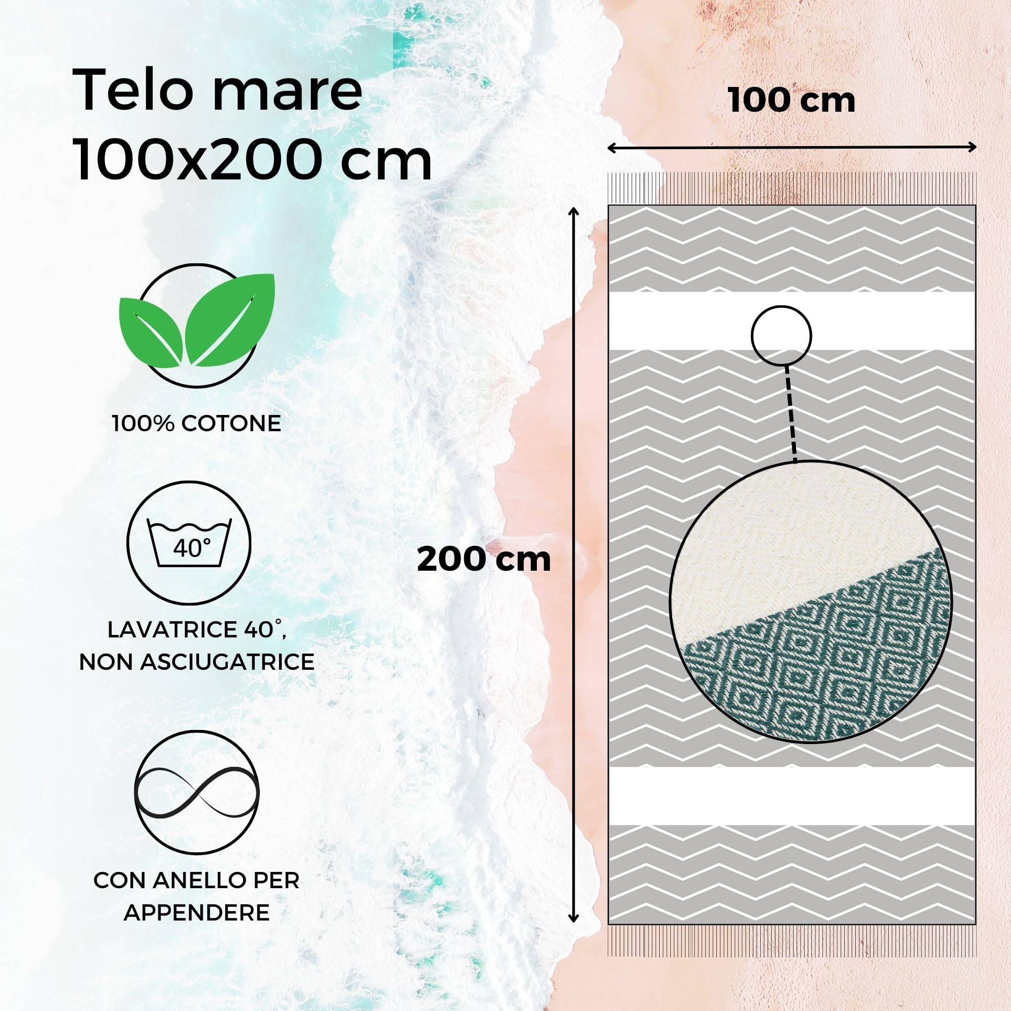 furora HOLIDAY Telo Mare Grande, cotone 100x200 cm | Telo Spiaggia antisabbia | Asciugamano Mare Fouta, frange e angoli - Pareo Donna Uomo Ragazzi | Pic Nic Beach Towel Coperta, lungo leggero