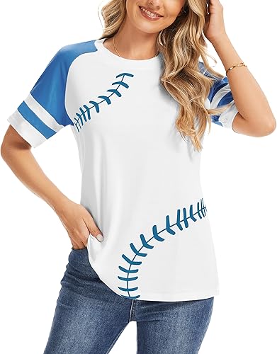 Sunidol Camiseta de béisbol para mujer, raglán, manga corta, cuello redondo, retazos, casual, holgada, de béisbol, camisetas para mamá