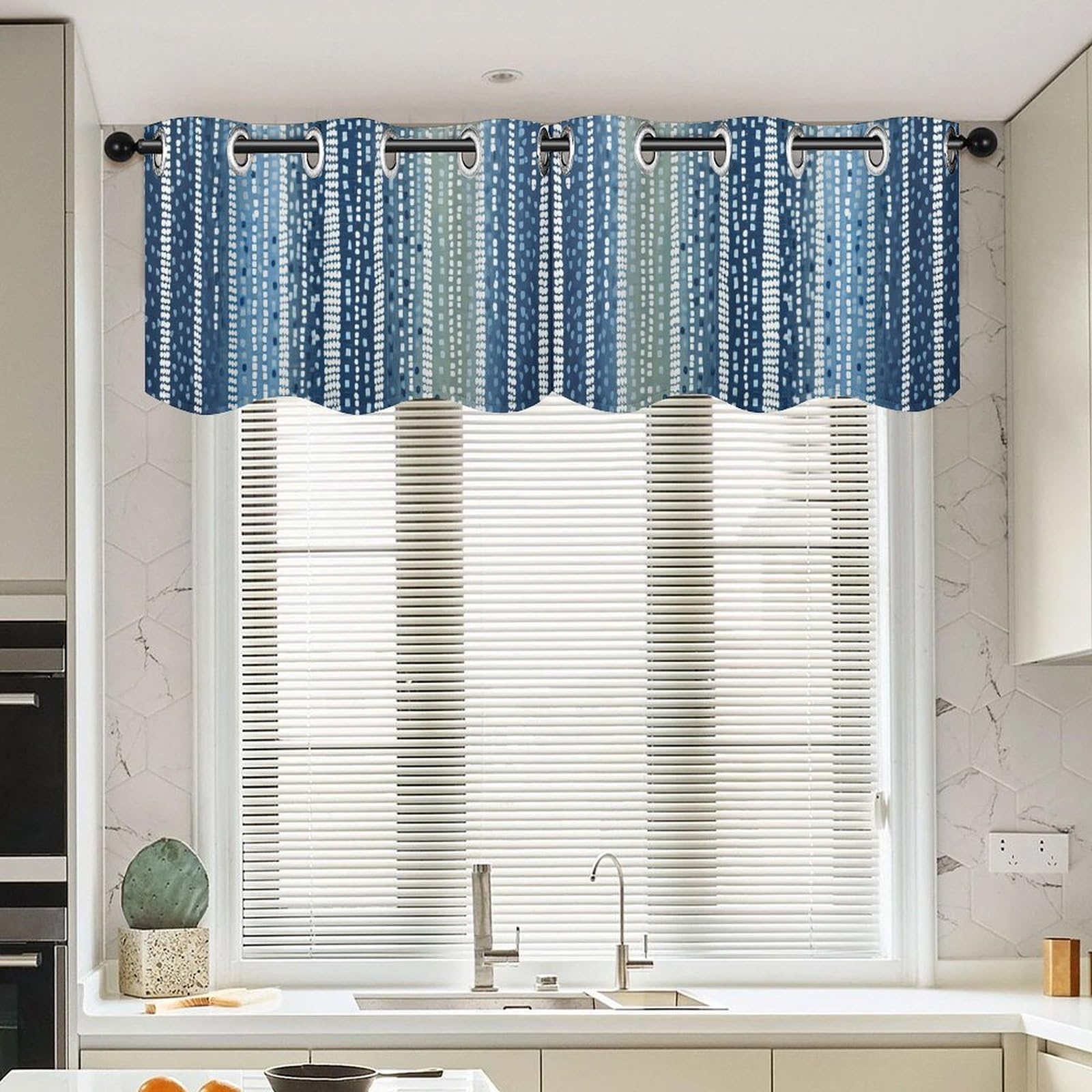 Rideau cantonnière asiatique oriental aqua 132x45,7 cm pour fenêtre cuisine salon
