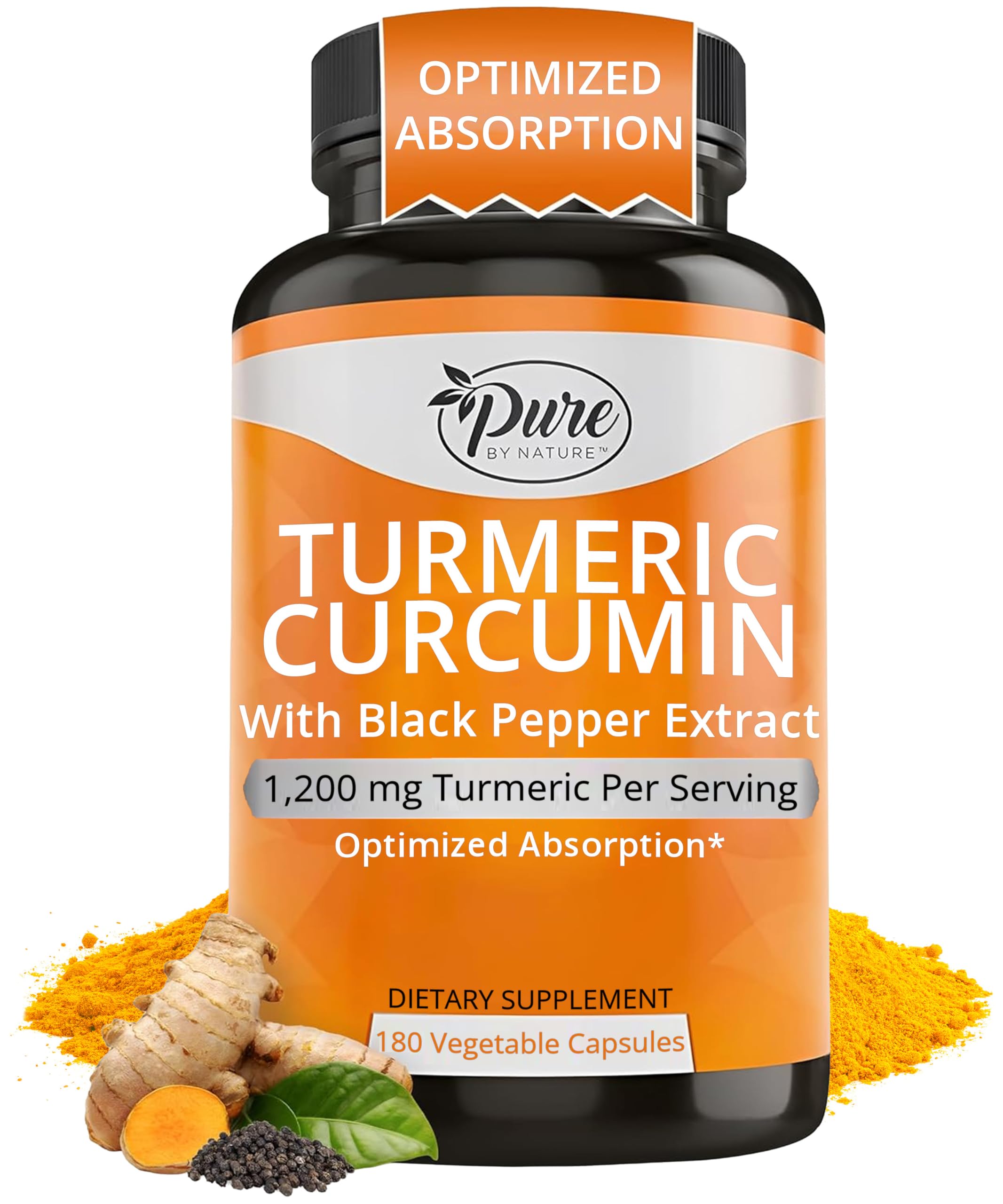 Pure By Nature Turmeric Curcumin with Black Pepper Extract 10 mg Capsules, 1200 mg per Serving, Organic, High Absorption Antioxidant Support (180 Count)