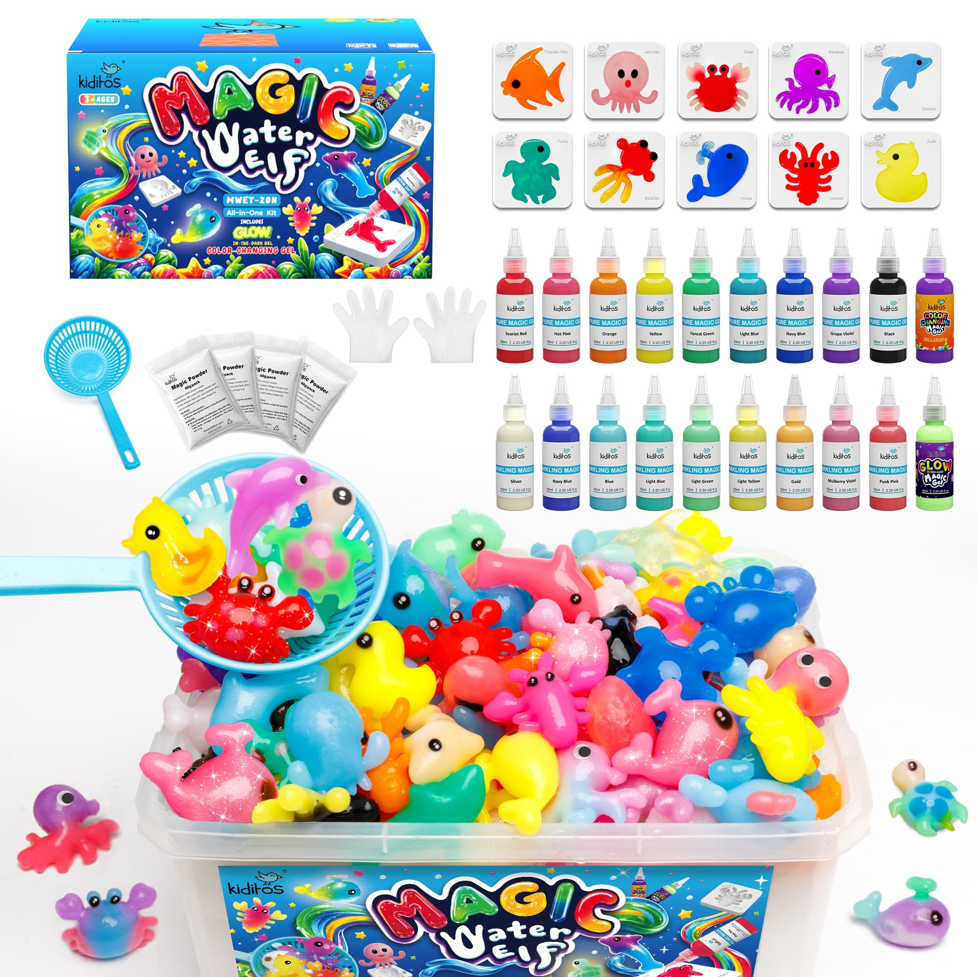 Kiditos Magic Water Elf Toy Kit,Squishies for Kids, DIY Sensory Craft Kit | 20 Gels & 10 Molds, Glow in the Dark & Color Changing Gel Water Pets Aqua Fairy, Party Favors & Gifts for Kids Ages 3+