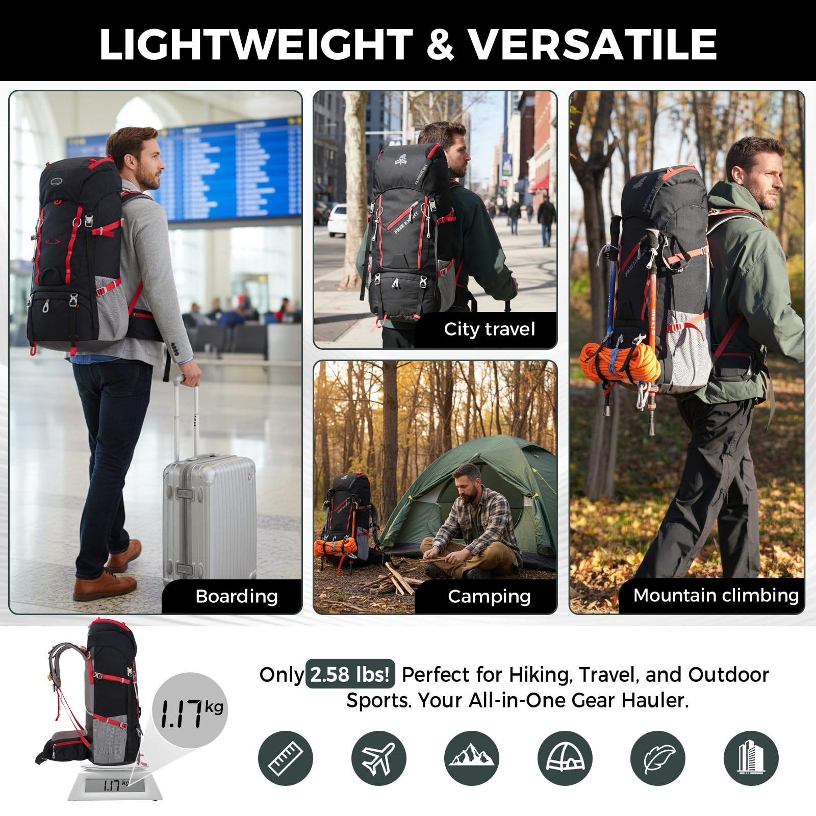 Bseash 65L Wasserdichter Wanderrucksack mit Regenschutz, Outdoor-Sport, Reisen, Tagesrucksack für Klettern, Touren