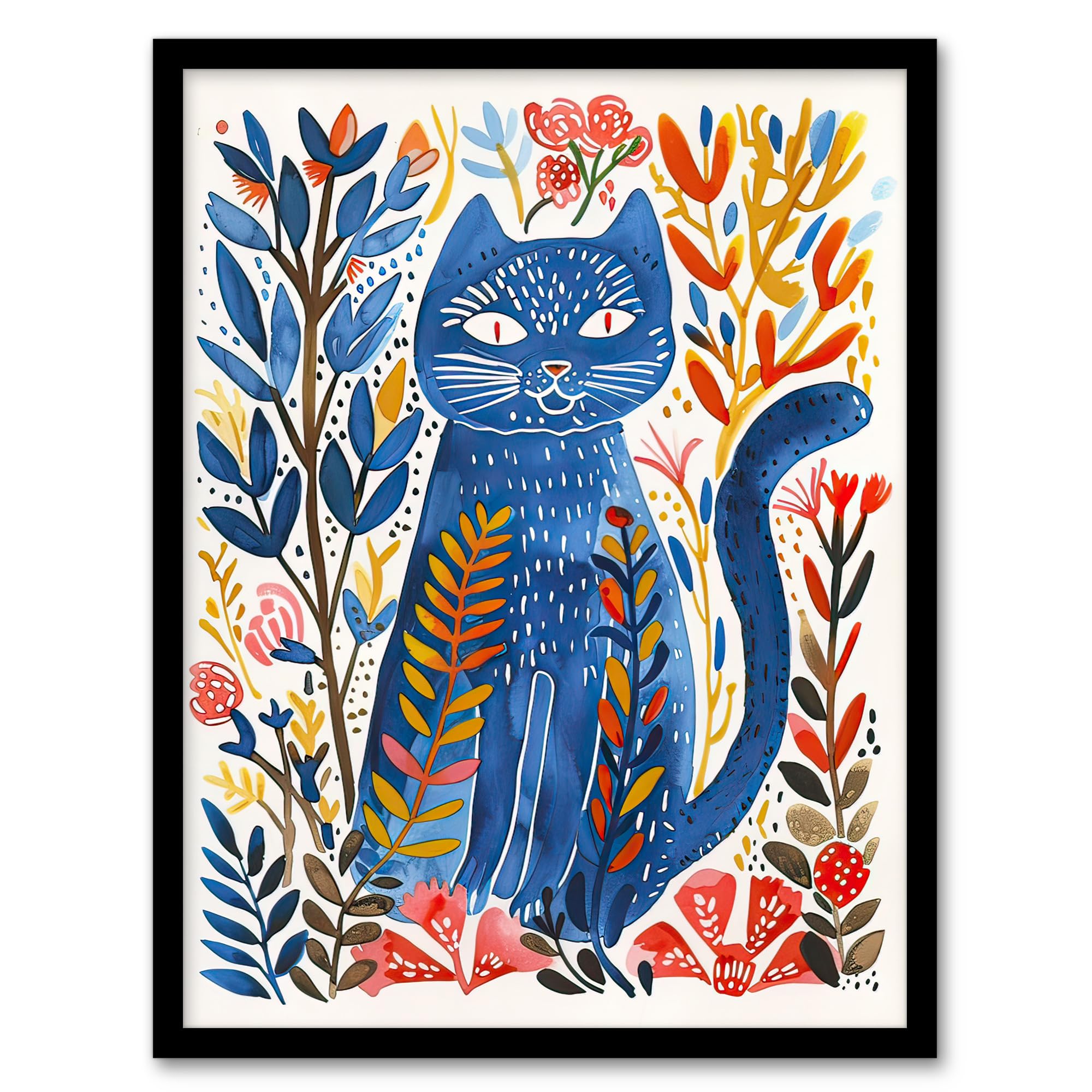 Artery8 Russian Blue Cat Lover Fun Botanical Folk Art Living Room Artwork Framed Wall Art Print 18X24 Inch