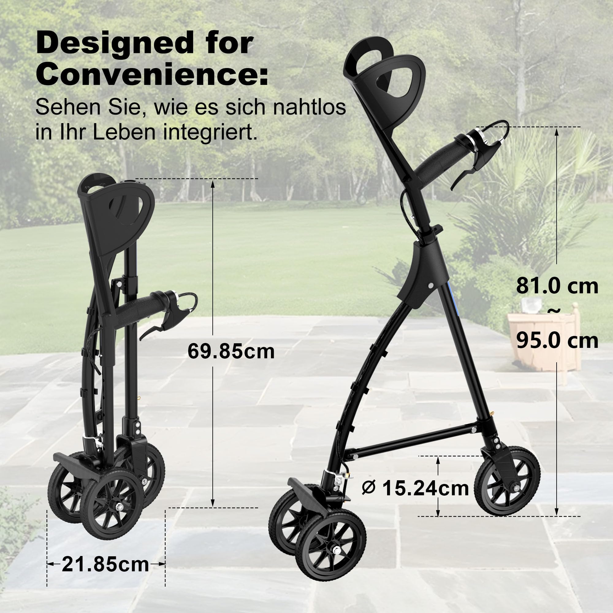 faltbarer Rollator mit 3 Rädern und Handbremsen ist leicht | Stabile Dreieckskonstruktion, höhenverstellbar, einfache Montage & Faltung, für Innen & Außen, Alu, 6-Zoll-Räder.