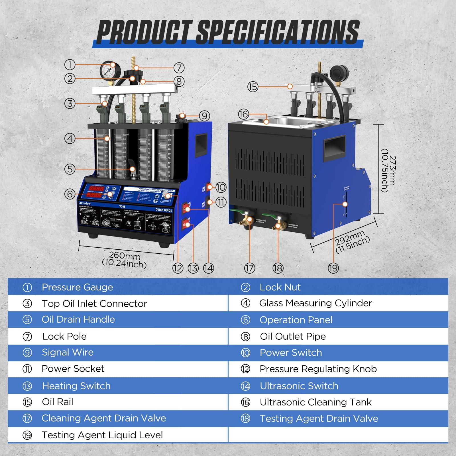 BELEY V308 Nettoyeur et Testeur d'injecteur de Carburant avec 11 Fonctions, 4 Cylindres Machine à Nettoyer à Ultrasons avec Chauffage, pour de Véhicules et Motos