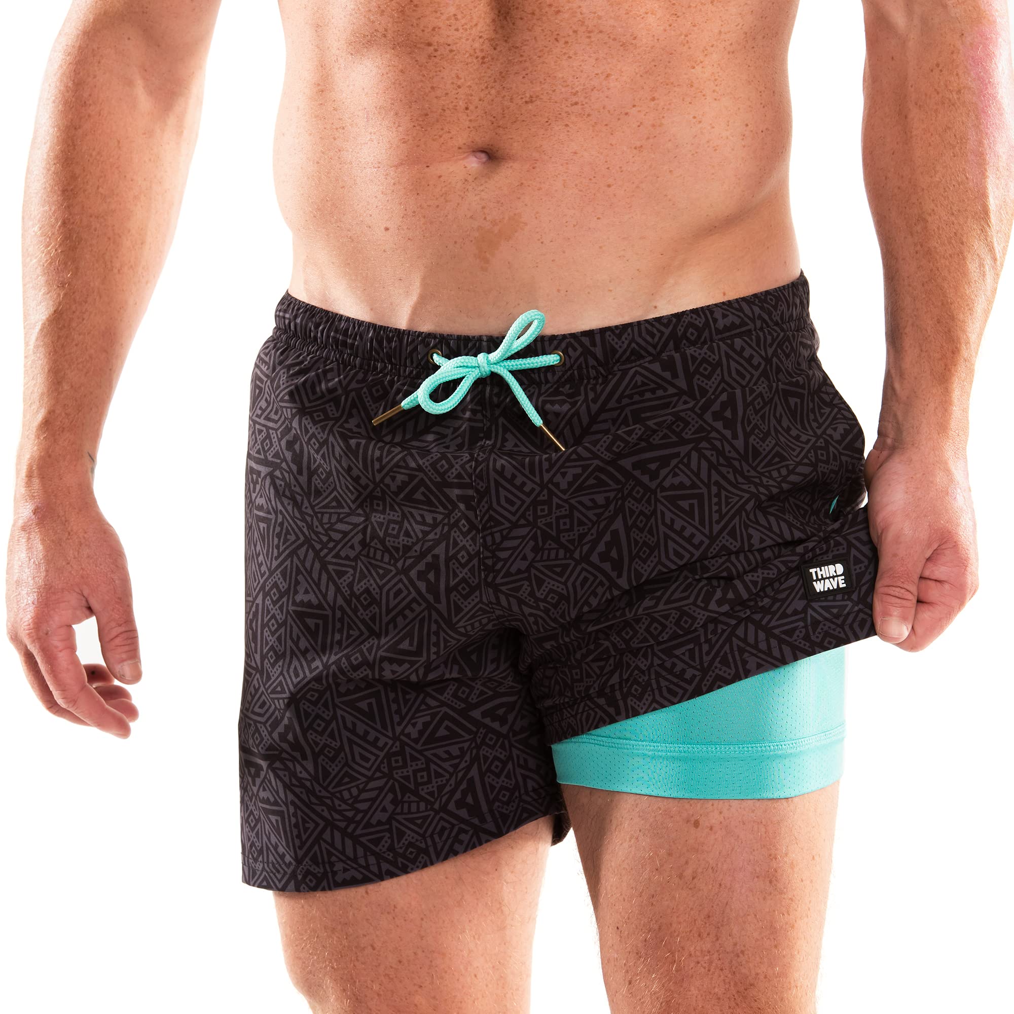 Third Wave Swim Trunks with Compression Liner - Men's Premium 5 Inch Inseam Quick Dry Swim Shorts for Beach and Swimming