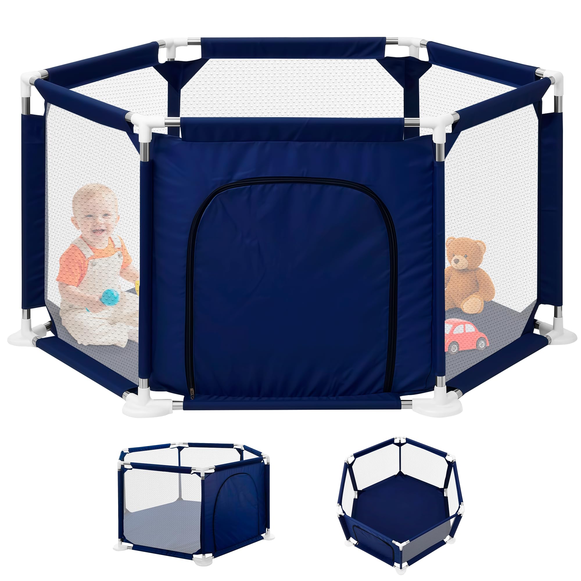 JUPPLIES Parque Infantil Bebe 127x127cm Hexagonal – Corralito Bebe con Malla Transpirable – Parque de Juegos Bebe con Puerta Lateral – Playpen Bebe sin Pelotas
