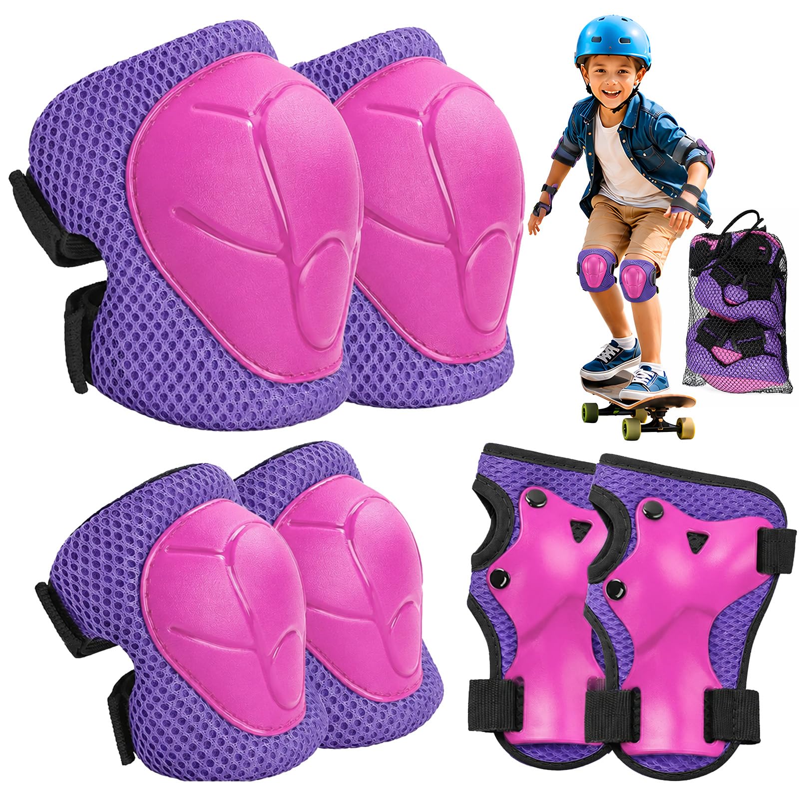 Lafefe 6PCS Purple Kids Protective Gear Set Knee Elbow Wrist Pads, Lightweight Breathable Mesh & Hard Shell, Adjustable Straps Safety Pads S Size for Roller Skating Cycling Skateboard