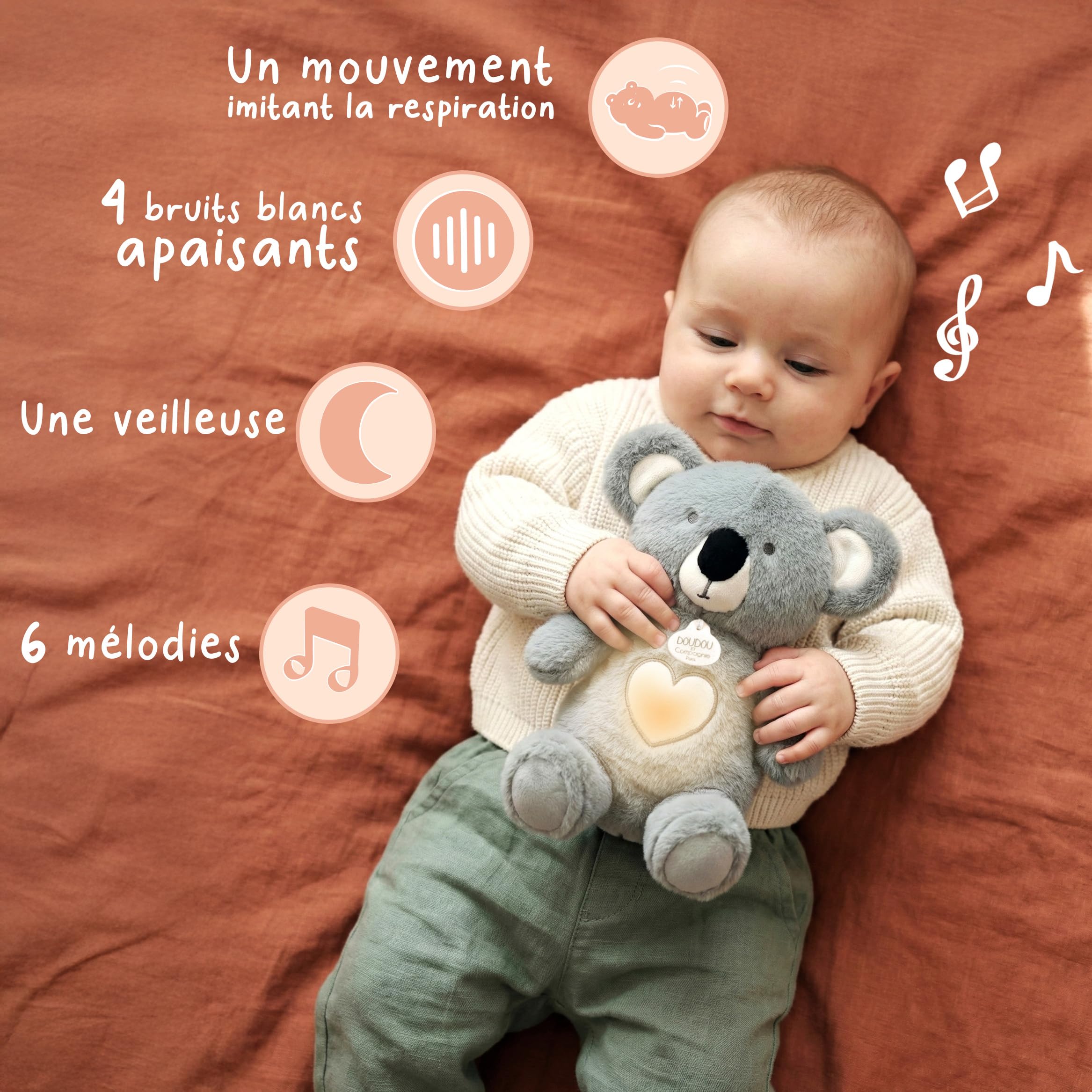 Doudou et Compagnie - Oddychający plusz Koala Respi'Rêves - 28 cm - Świecąca muzyczna przytulanka z ruchem oddechowym - Wspomaga snu dziecka - Prezent dla chłopca i dziewczynki - DC4682