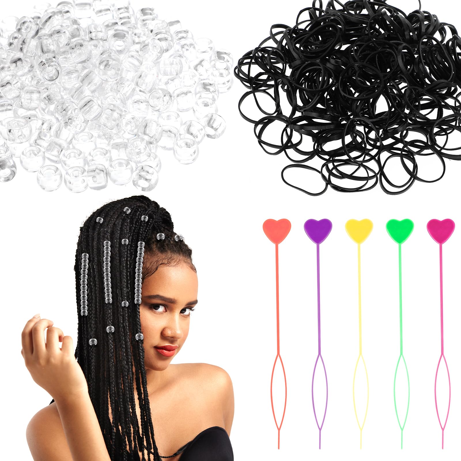 405Pcs Clear Hair Beads for Braids for Kids, 200pcs Clear Beads for Hair, 200pcs Hair Elastics, 5pcs Quick Beader for Hair Braids Clear Hair Beads Set for Girls Women