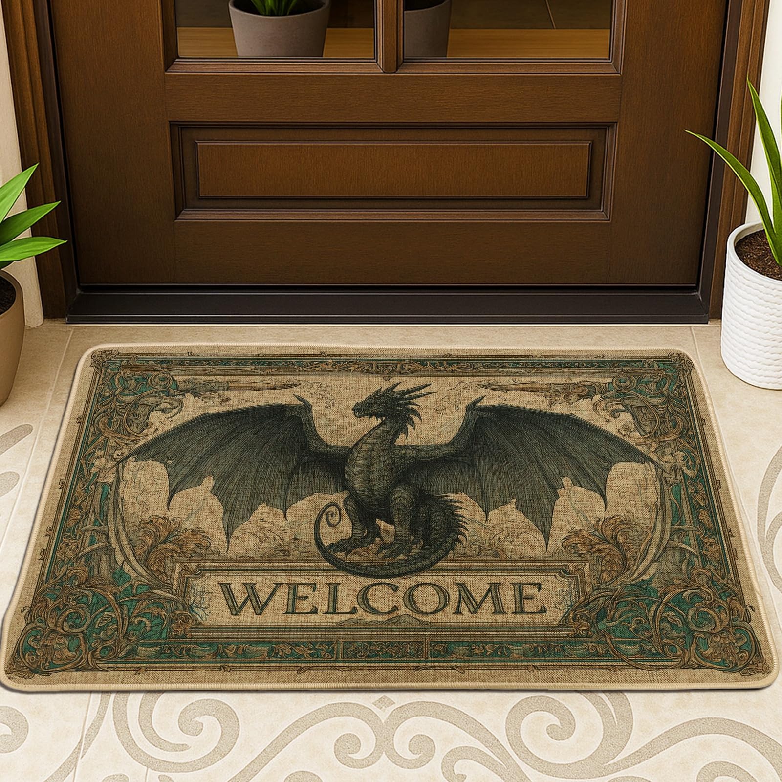 Dragon Welcome Doormat, Black Fantasy Door Mat for Outdoor & Indoor Entryway Vintage Decor, Rubber Waterproof Non-Slip Dust Absorbent Front Mats, Easy Clean 29x17 Inch