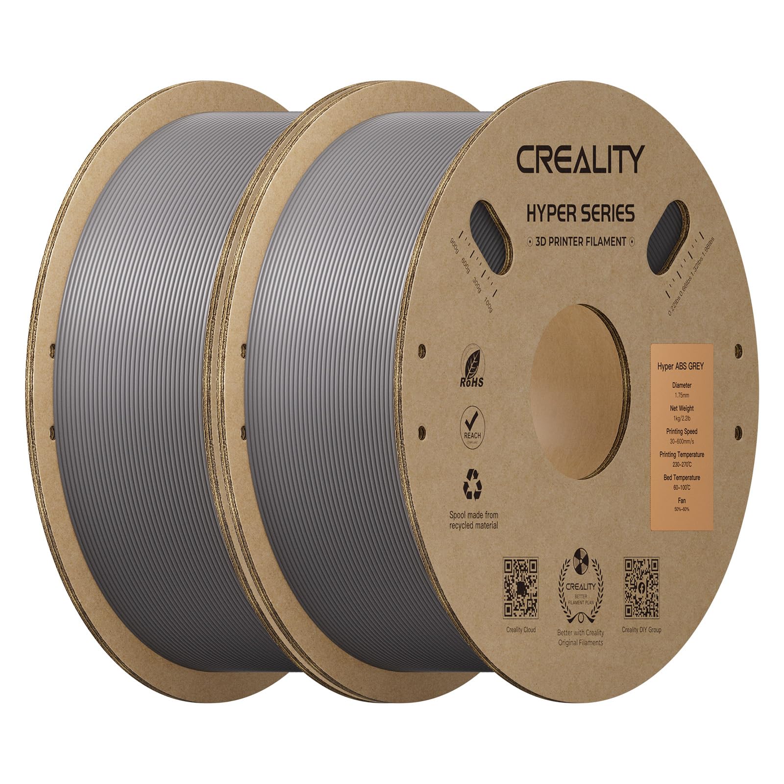 Creality Hyper ABS Filament 1.75mm, Grey, 2-Pack, 2KG