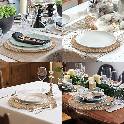 Miniatura 7 de Juego de 6 manteles individuales tejidos redondos de 12 pulgadas, manteles individuales trenzados de yute natural, manteles individuales bohemios de