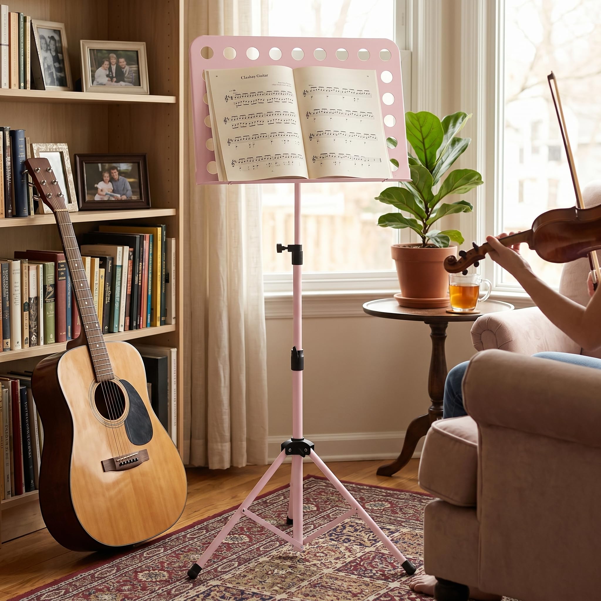 Yctze Atril Portátil de Metal, Atril Plegable de Altura Ajustable con Soporte para Instrumentos Musicales Desmontable, Ideal para Piano, Violín y Guitarra, Rosa y Negro (PINK)