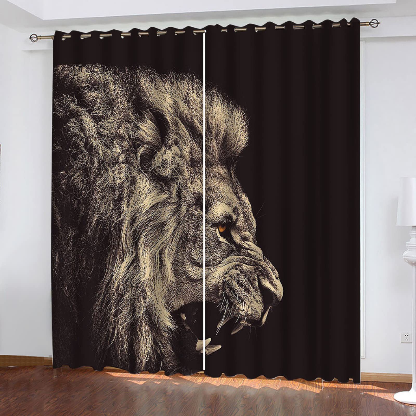 Tende Oscuranti Con Stampa 3D Leone Grigio - 2 Pannelli 150x166 Cm Con Occhielli, Isolanti Termici E Acustici - copertina