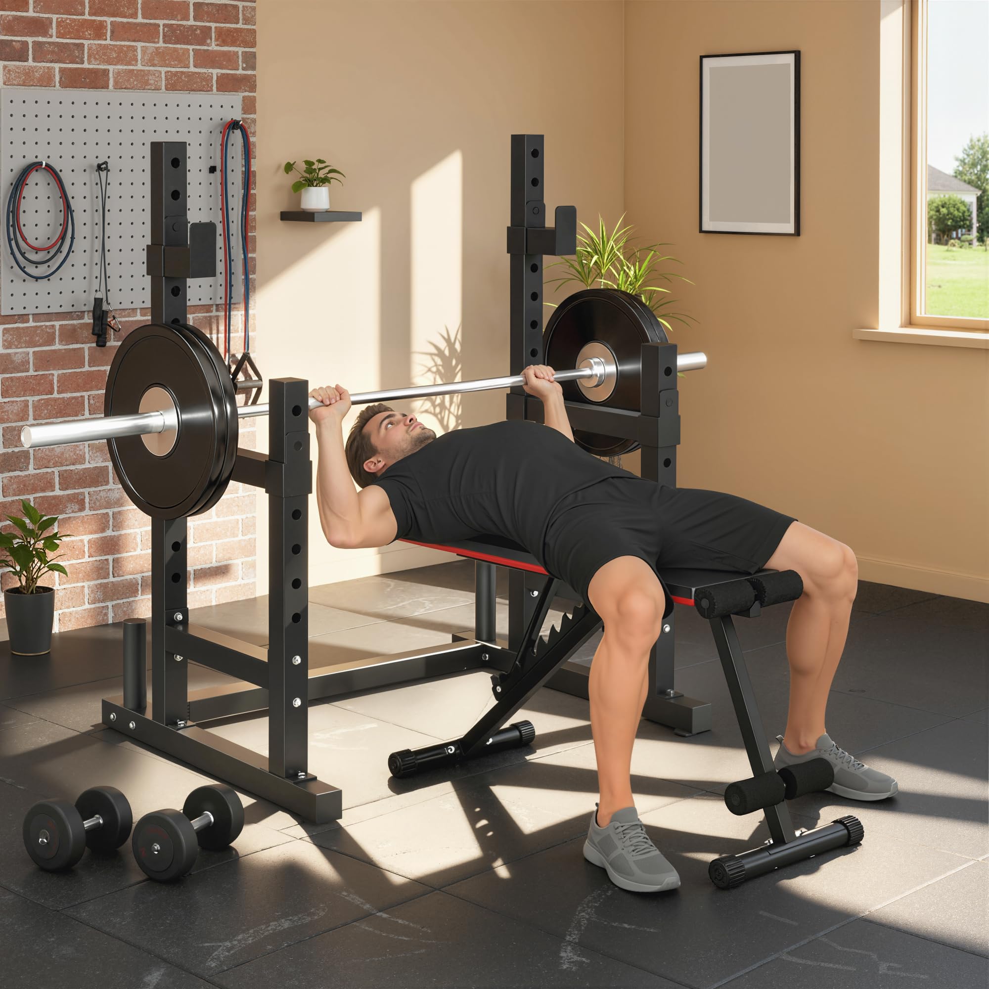 SPORTNOW Supporto Bilanciere Design a Doppio, Squat Rack Altezza Regolabile con Portadischi e Barre di Supporto, Rack Bilanciere Multifunzione per Palestra Casa Ufficio, Max 300 KG, Nero