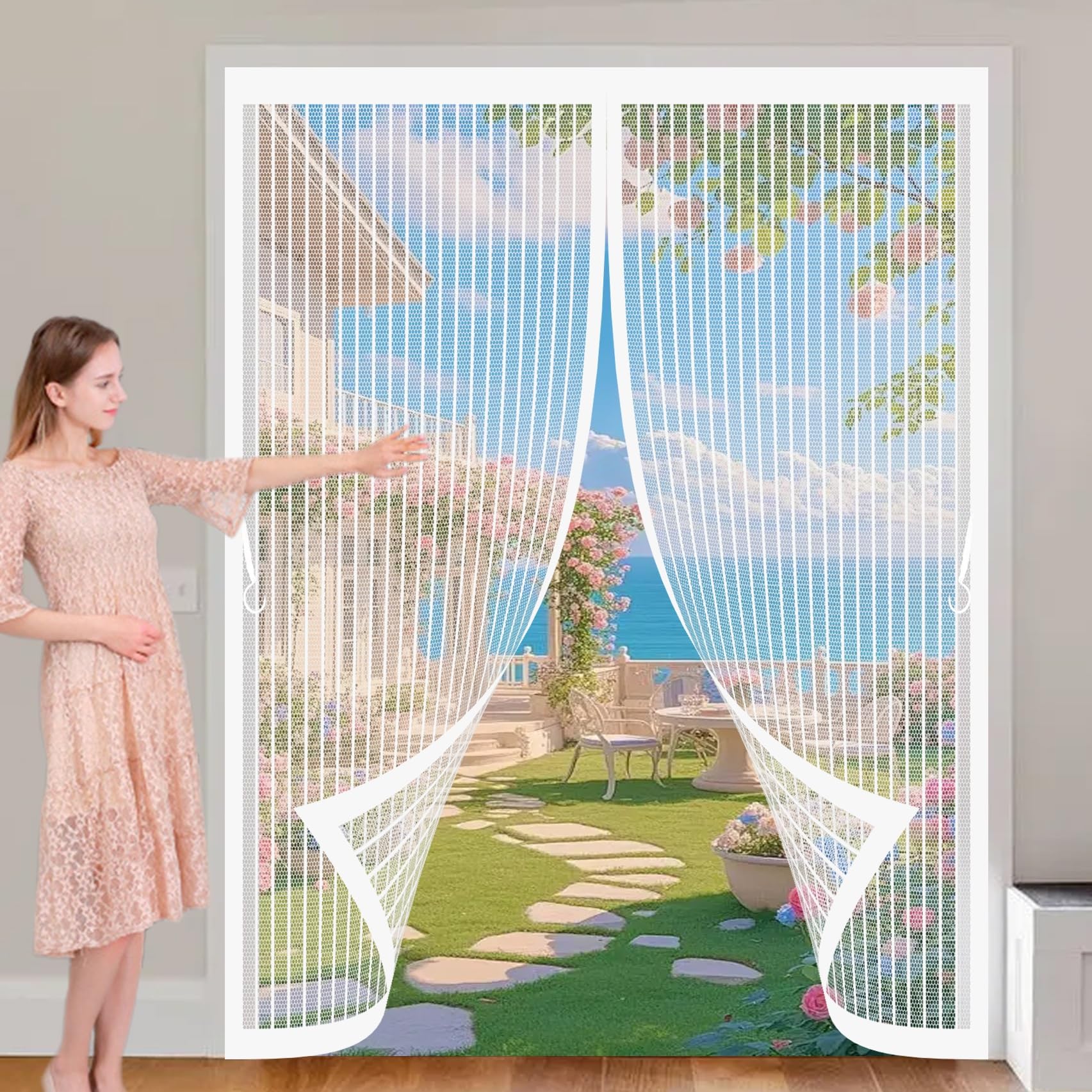 Xueqxue White Door Fly Screen Curtain 115 X 145 Cm With Powerful Magnets & Full Frame Magic Tape No Gap, Lets Fresh Air In, Keep Bugs Out Door Magnetic Fly Screen For Patio Doors Bedroom,