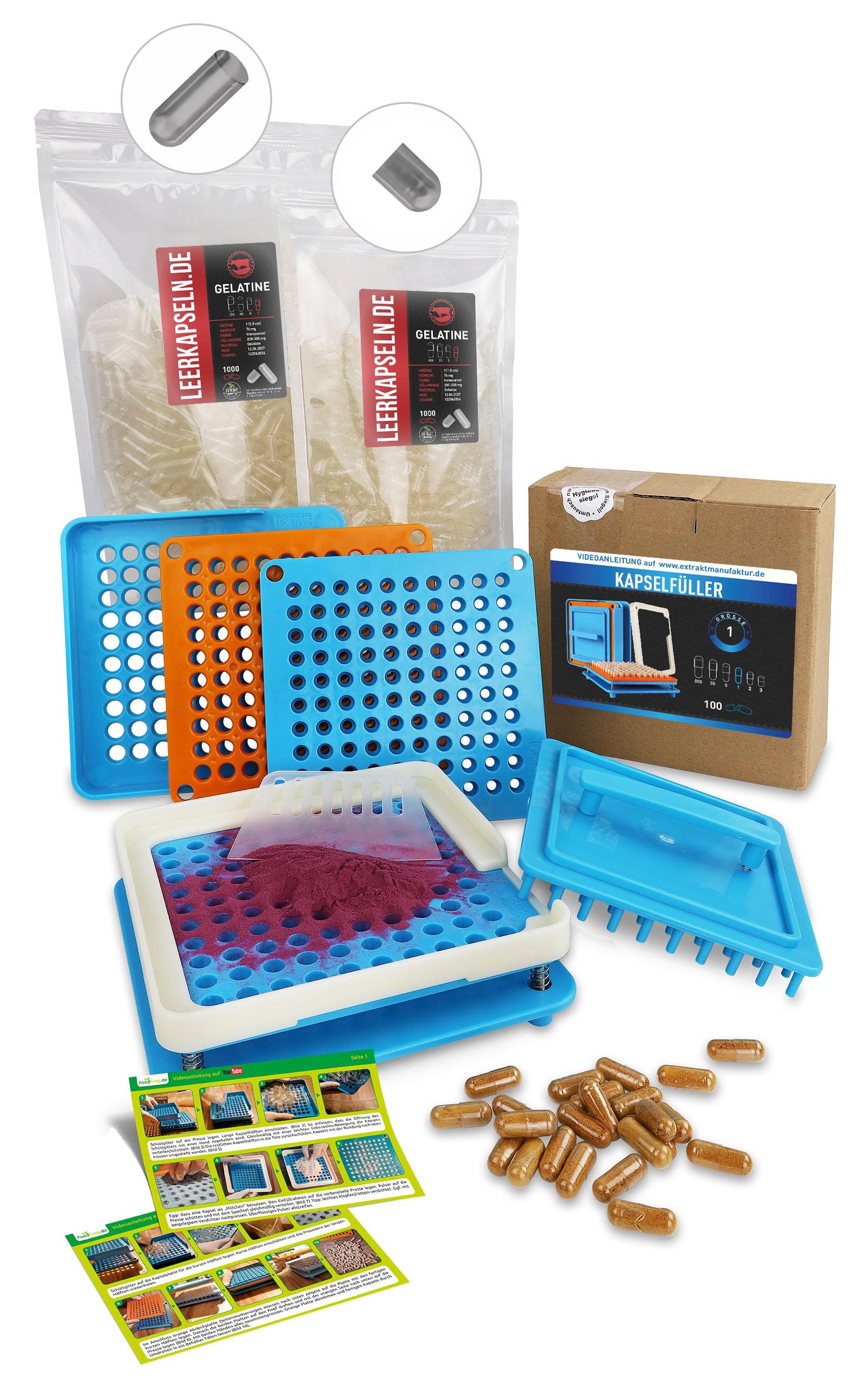 Capsule Filler Size 1 + 1000 Empty Capsules, Separated Gelatin Capsule Halves - No Prior Opening Required - Capsule Filler Device [100 Holes] to Fill Yourself - Filler Machine