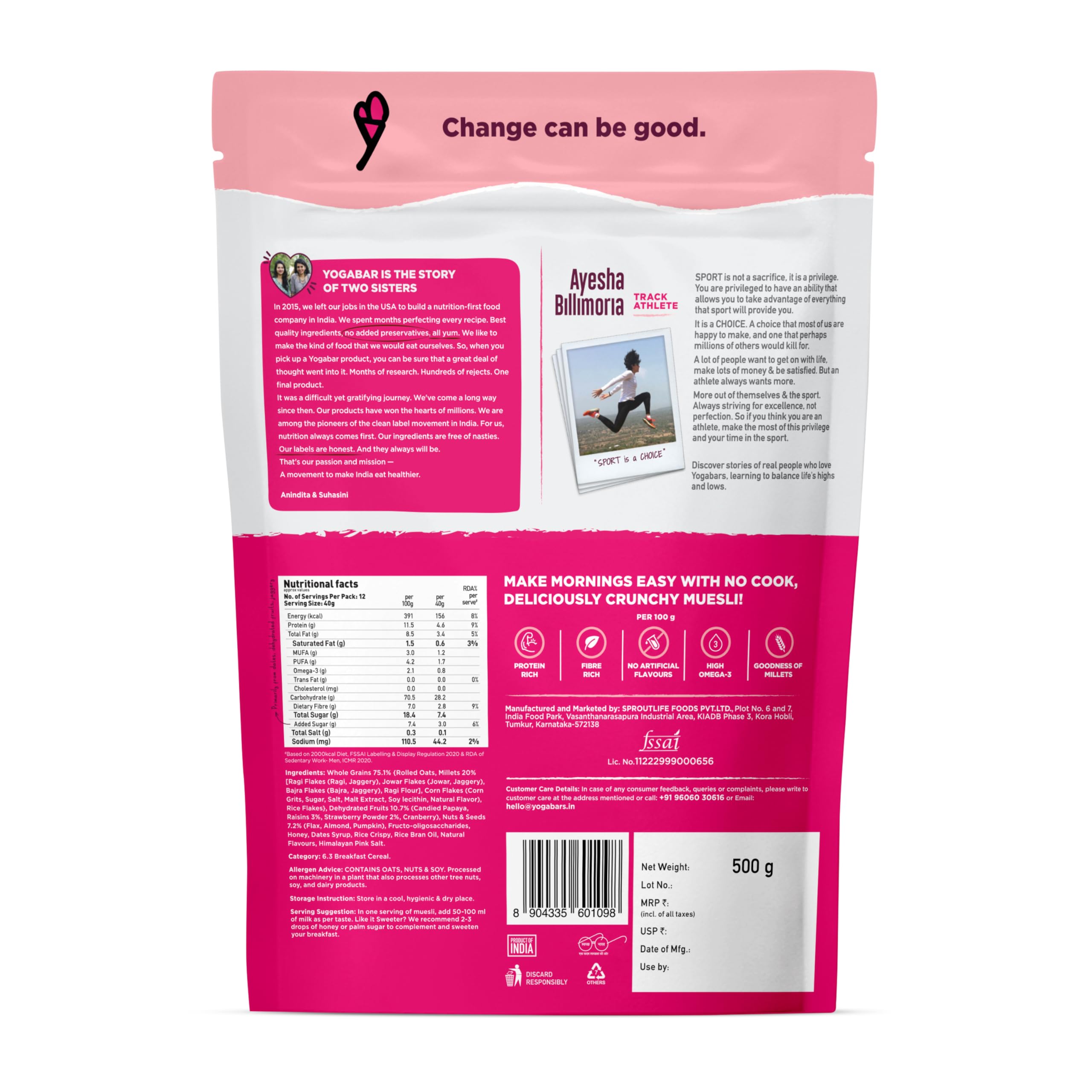 Yogabar Muesli Fruit and Nuts - Wholegrain Breakfast Cereals with Oats and Dry Fruits, High in Omega 3, Gluten Free Granola with Chia and Flax Seeds (500g - Pack of 1)