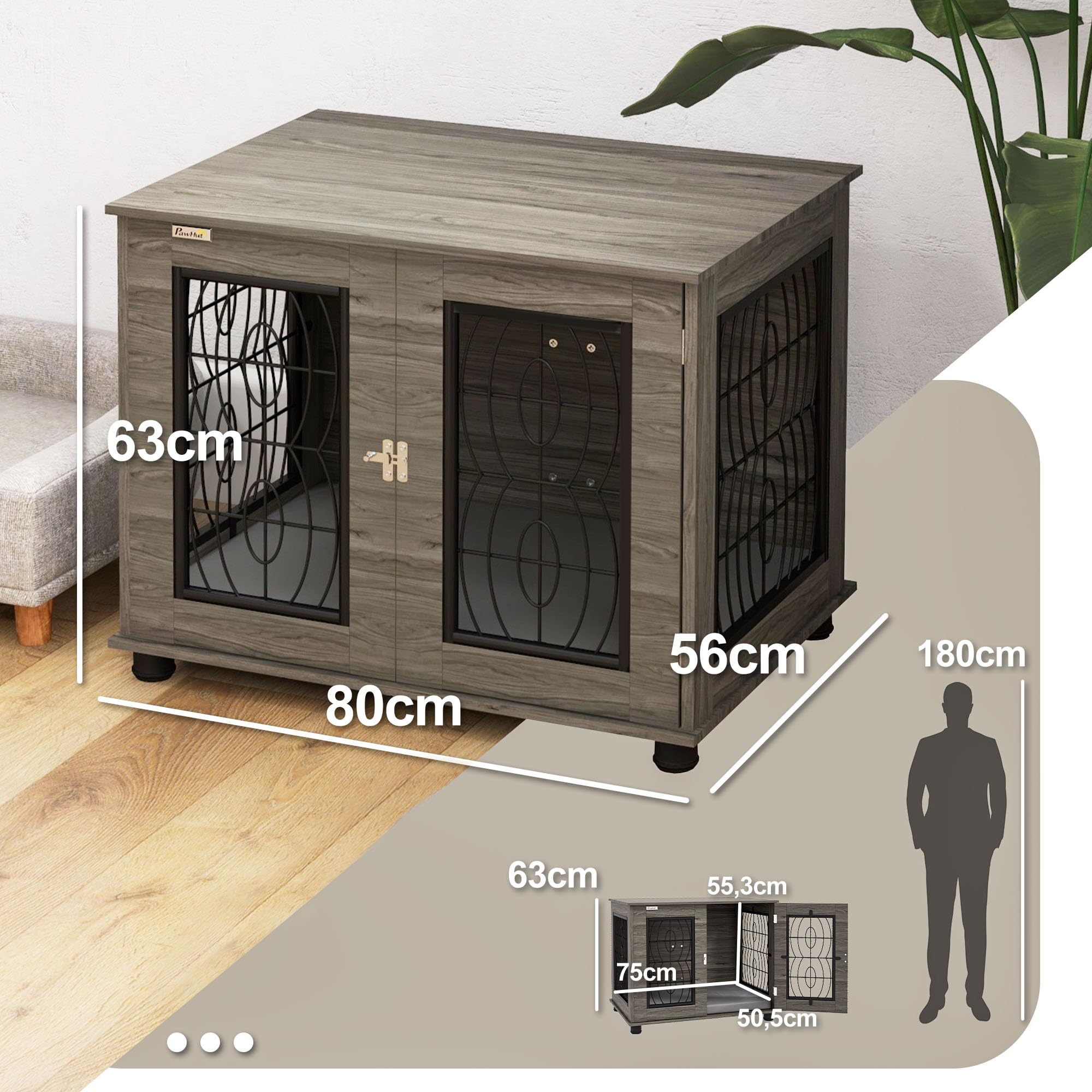 PawHut: Caseta de perro con cojín, puerta con cerradura, malla metálica de ventilación, para perros medianos de hasta 20 kg, gris, 80 x 56 x 63 cm
