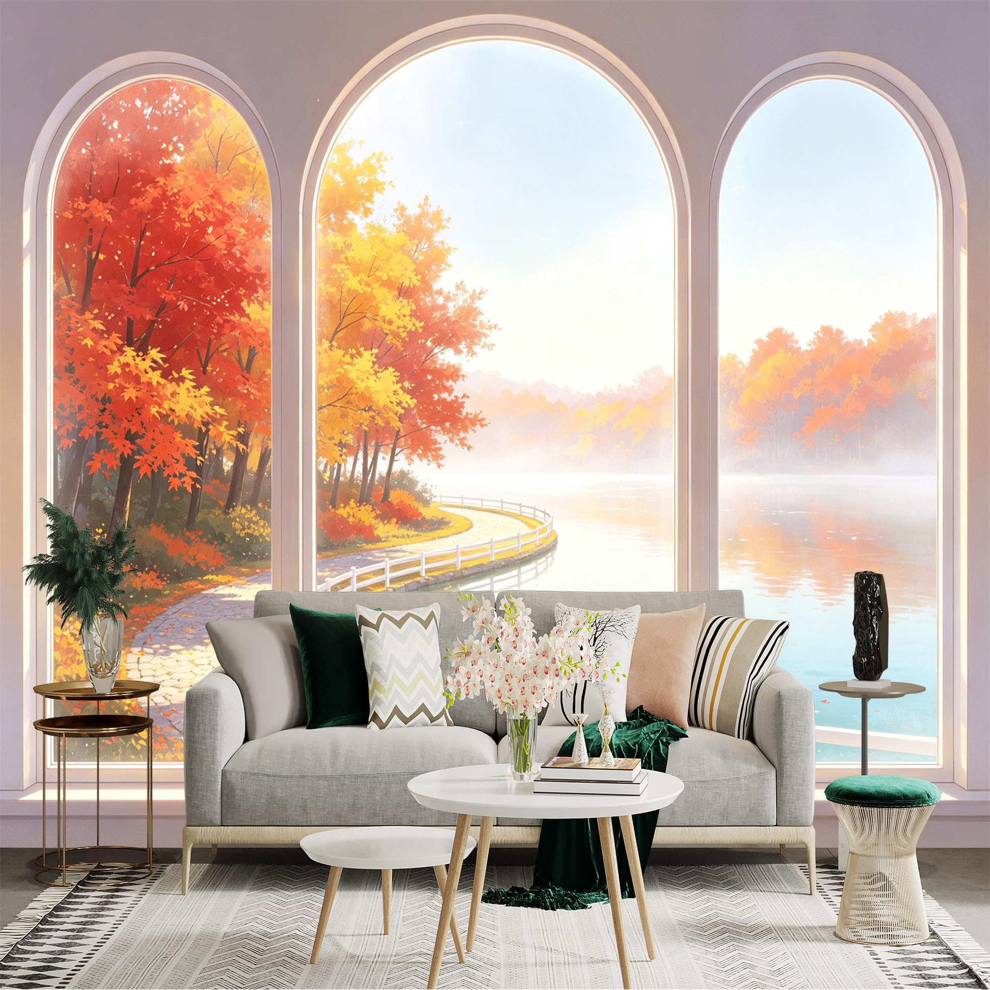 Custom Size Wall Sticker Mural， Autumnal Landscape Window View， Golden Maple Trees， Lakeside Path， Scenic Serenity， for wall Decoration， peelandstick wall Decals.