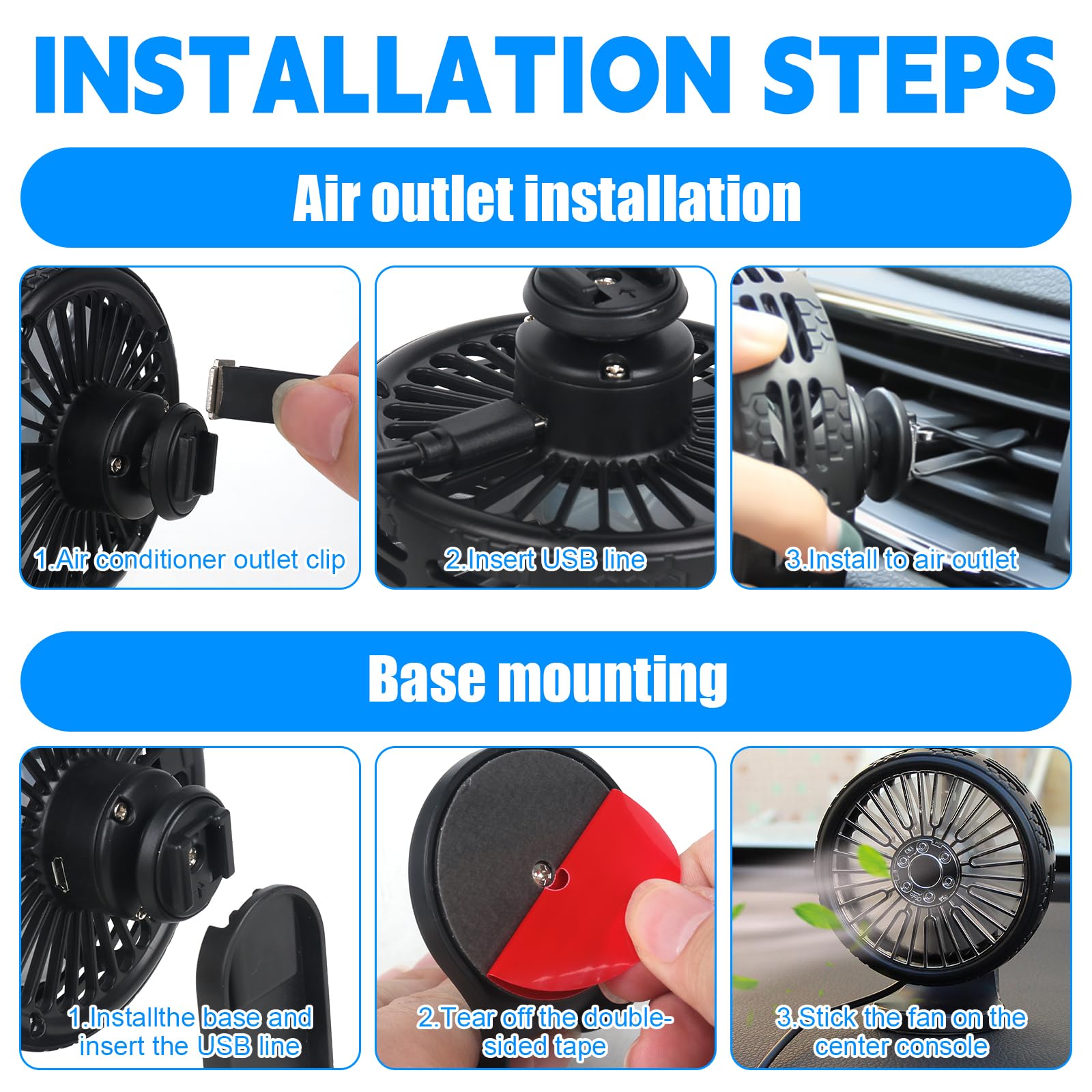 Ventilateur De Voiture,Ventilateur De Voiture USB, 2PCS Ventilateur De Refroidissement Portable Pour Voiture, Rotation à 360°, Ventilateur Voiture Avec 2 Vitesses, Ventilator Auto Pour Suv, Rv