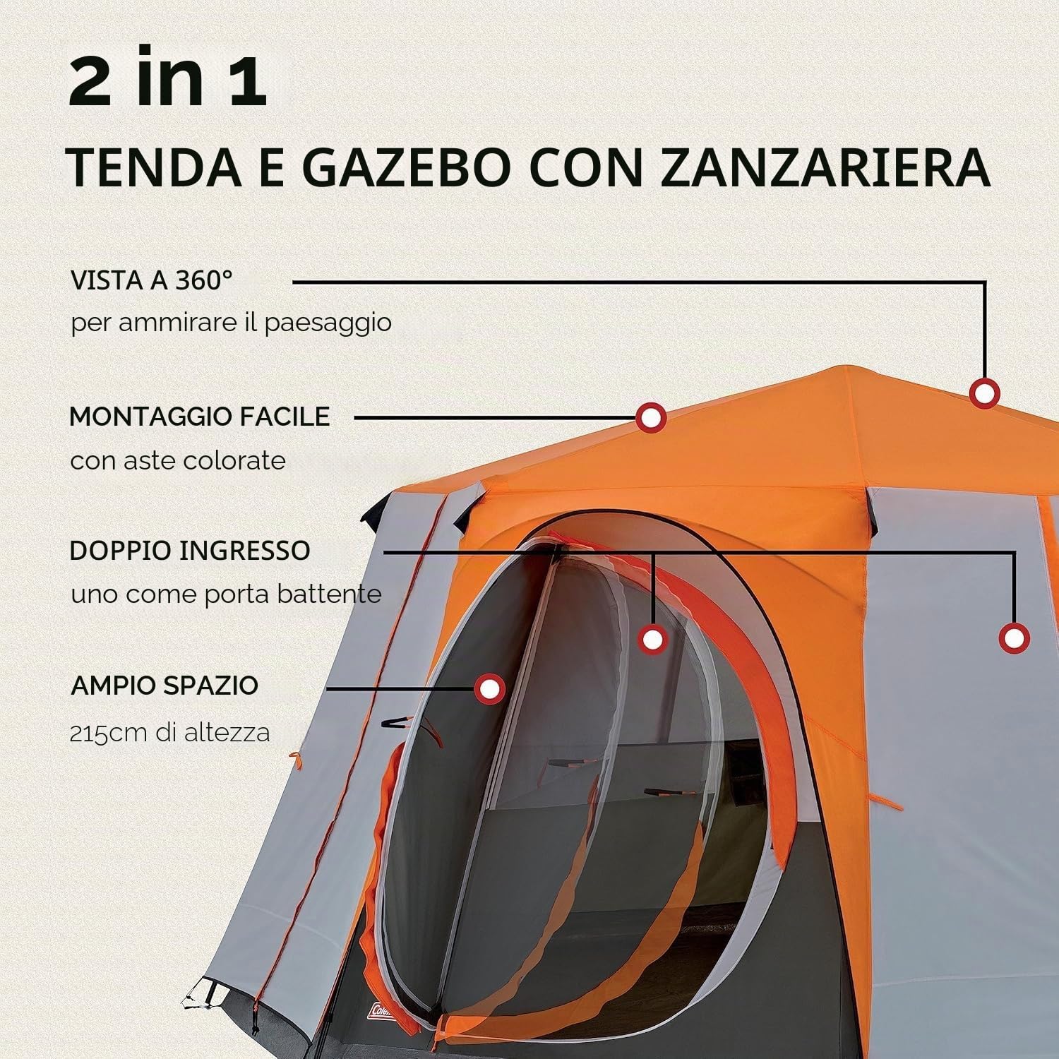 Coleman Tenda da campeggio ottagonale, per 6 persone, con vista panoramica a 360°, struttura stabile in acciaio, telo da terra cucito, 100% impermeabile