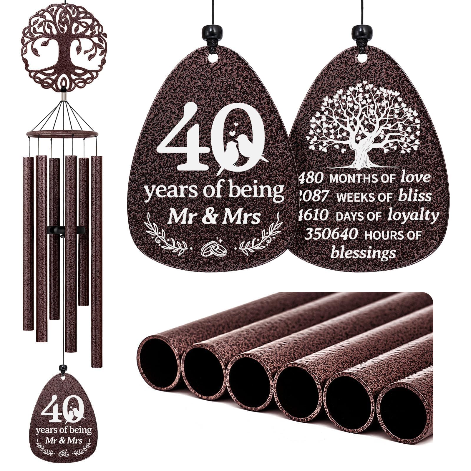 SteadStyle 40th Anniversary Wind Chime, Happy 40th Jubilee Gifts for Parents, Husband, Wife, Couples, Friends - Ruby Anniversary Keepsake Tree of Life Wind Chime Large Size 37 in Garden Patios Decor