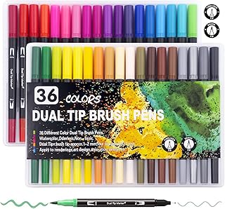 36 Colors Artist Markers Dual Tip Pens, chfine Fine Tip Coloring Marker & Brush Tip Pen Set,Water Based Markers for Adult Kids Coloring for Calligraphy Drawing Book Bullet Journal Art Supplies Gift