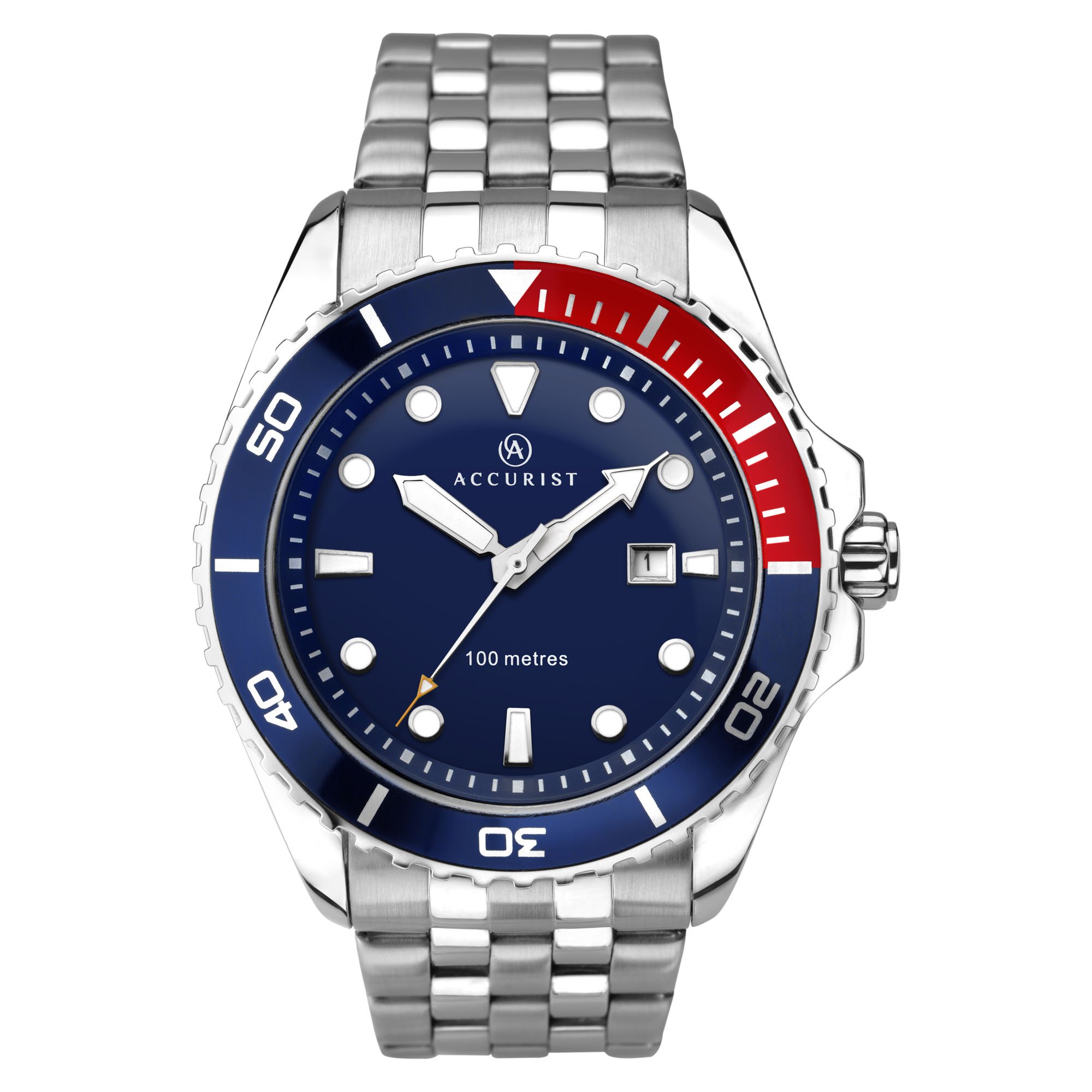 Accurist Men's Quartz Watch with Blue/Red Quarter Dial Analogue Display and Silver Stainless Steel Bracelet 7201