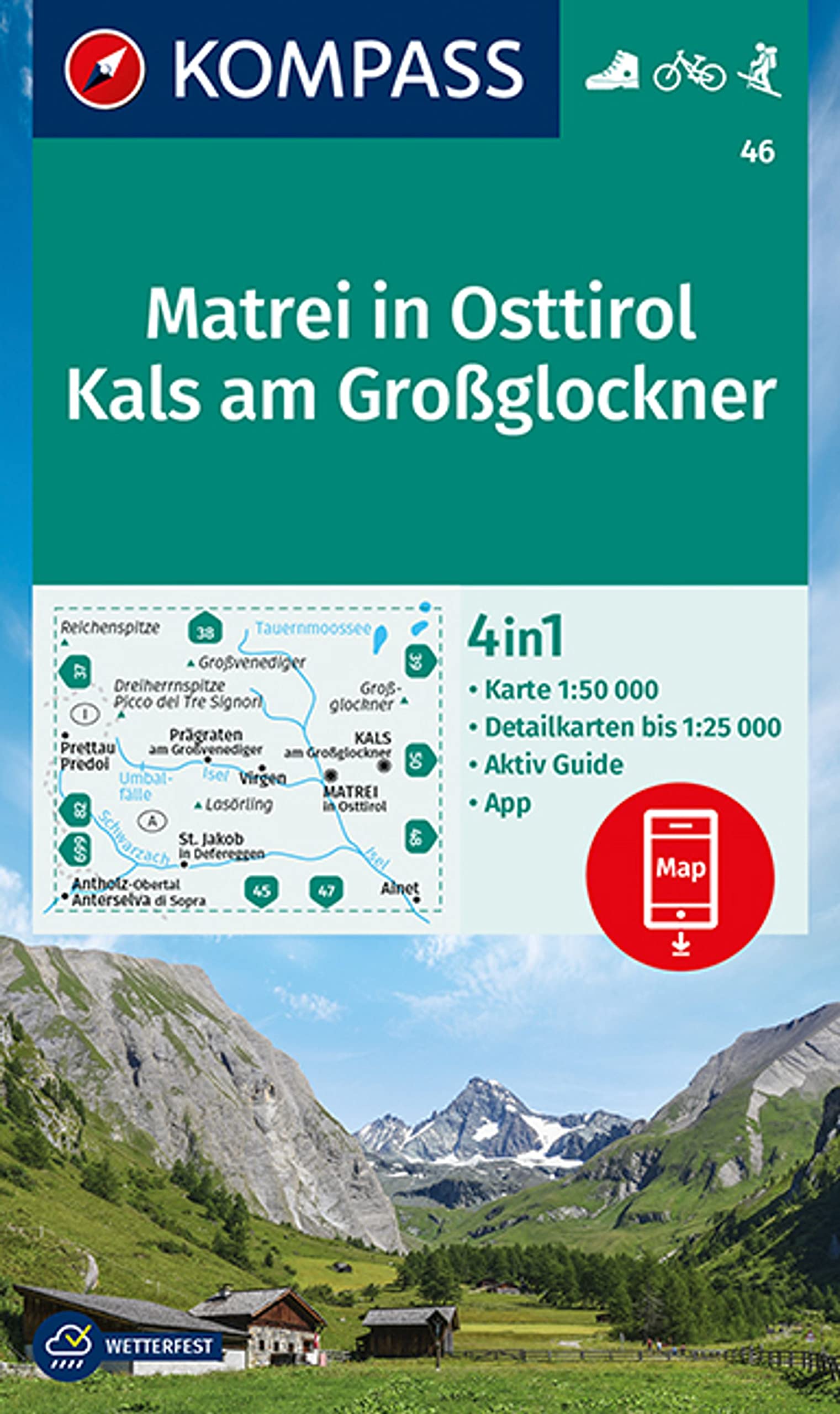 Matrei in Osttirol / Kals am Großglockner + Aktiv Guide (46): 4in1 Wanderkarte mit Aktiv Guide und Detailkarten inklusive Karte zur offline Verwendung in der KOMPASS-App. Fahrradfahren. Skitouren.