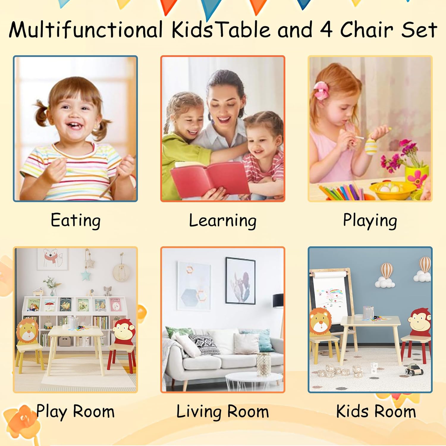 Kids Table and 2 Chairs Set, 3 Pieces Wooden Activity Play Table Set, Toddler Table and Chair Set for Boys & Girls Daycare Home Children Playroom School Kindergarten (Lion & Monkey)