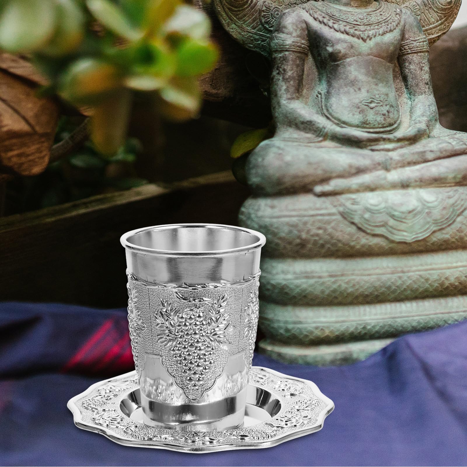 SUPVOX Ensemble de Verres à Boire en Alliage de Zinc Argenté Kiddouch Soucoupe Gravée, Qualité Robuste pour Shabbat et Fêtes Juives Importantes