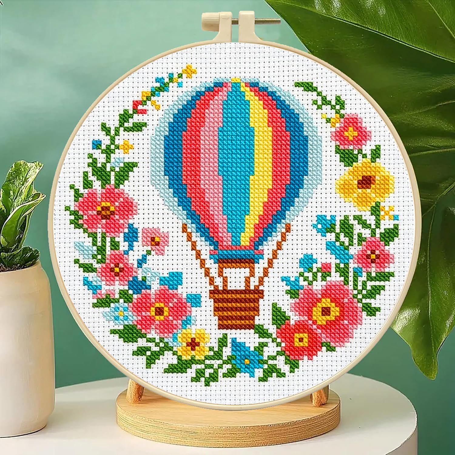 Zhenqing Hot Air Balloon Stamped Cross Stitch Kit, 11CT Printed Cross Stitch on White Cotton Fabric with Embroidery Hoop, Floral DIY Needlework Home Decor image 2