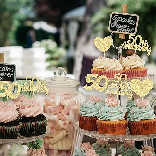 Miniatura 6 de Gyufise 24 adornos dorados para cupcakes de aniversario de boda 50 con purpurina dorada para decoración de pastel de corazón para celebración, 50