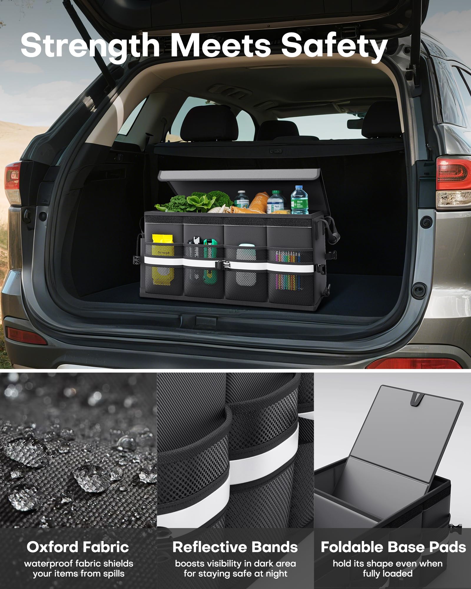 HOTOR Car Trunk Organizer - Foldable Trunk Organizer for SUV, Car Storage with Reflective Strips & Securing Cover, Large Capacity Car Accessories for Truck, Van & Sedan, Black, 22.1" x 12.6" x 11.0"