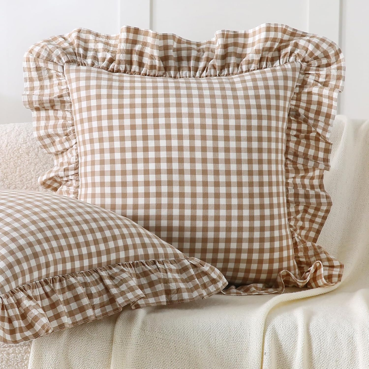 NOVACENTIX Ruffle Throw Pillow Covers Cotton Gingham Check Farmhouse Decorative Pillow Covers for Bed/Sofa 18x18 Inch Taupe White Set of 2