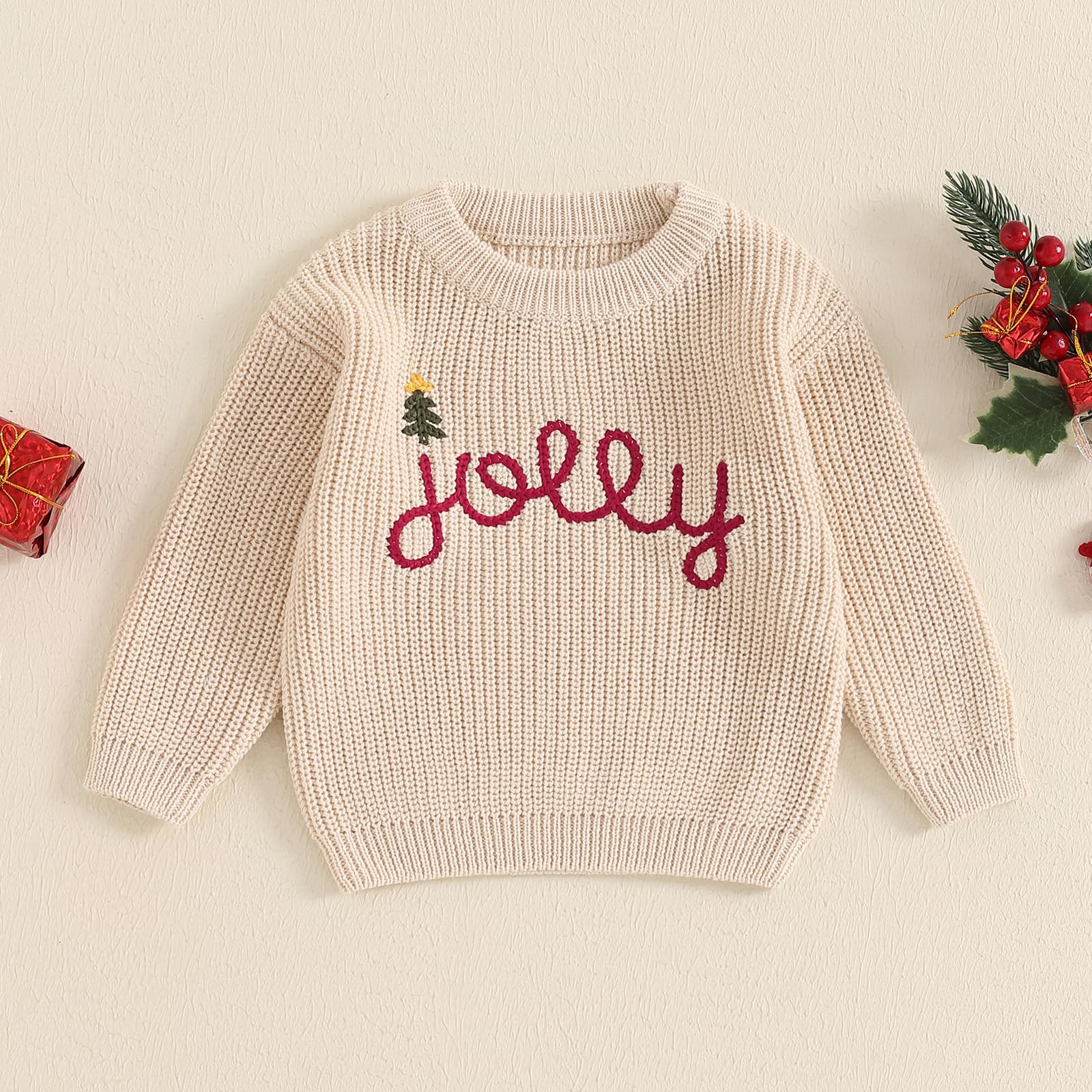 Doqcey Toddler Boy Girl Christmas Outfit Embroidery Knit Sweater Oversized Crewneck Pullover Sweatshirt Fall Winter Clothes (Khaki Jolly, 2-3 Years)