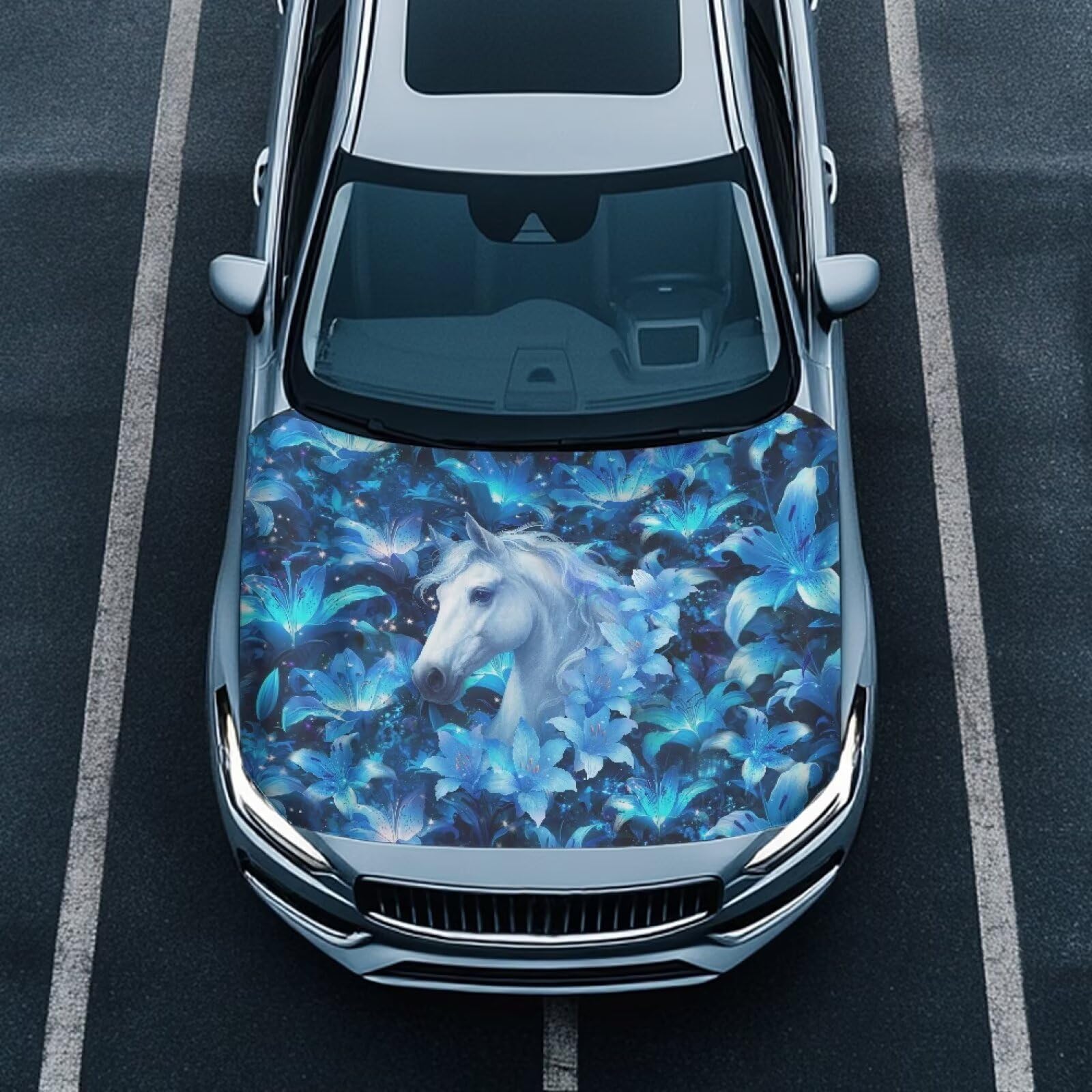 Car Hood Cover Protector, an All-Weather White Horse Print Half Car Cover for Sunshade and Snow Protection, Suitable for All Seasons