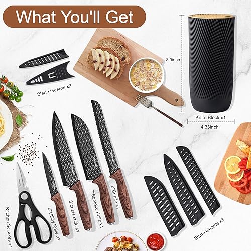 Miniatura 3 de Juego de cuchillos de cocina de 11 piezas, color negro, juego de cuchillos de chef de acero inoxidable antiadherente antioxidante con 6 protectores