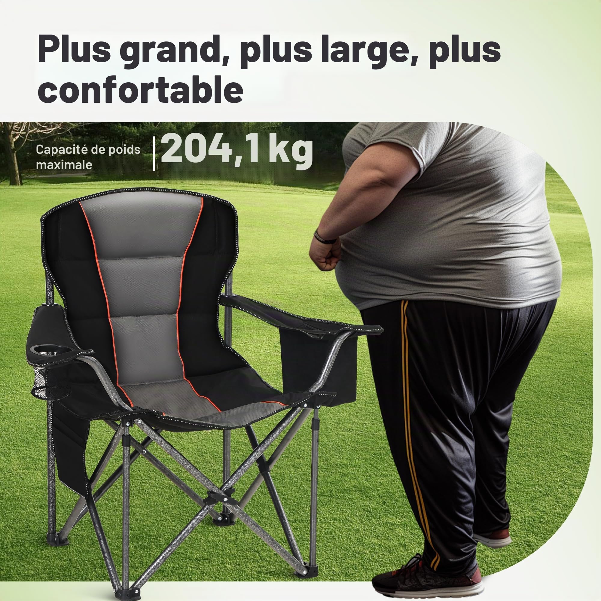 LET'S CAMP Chaise de Camping Pliable surdimensionnée avec Porte-gobelets, Sac Isotherme, Chaise d'extérieur jusqu'à 200 kg