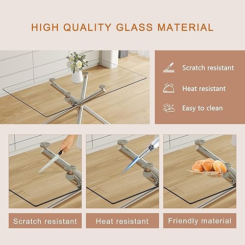 Miniatura 7 de Large Rectangular Glass Dining Table with 0.39" Tempered Glass Tabletop and Silver Chrome Metal Legs, for Kitchen Dining Living Meeting Room Banquet
